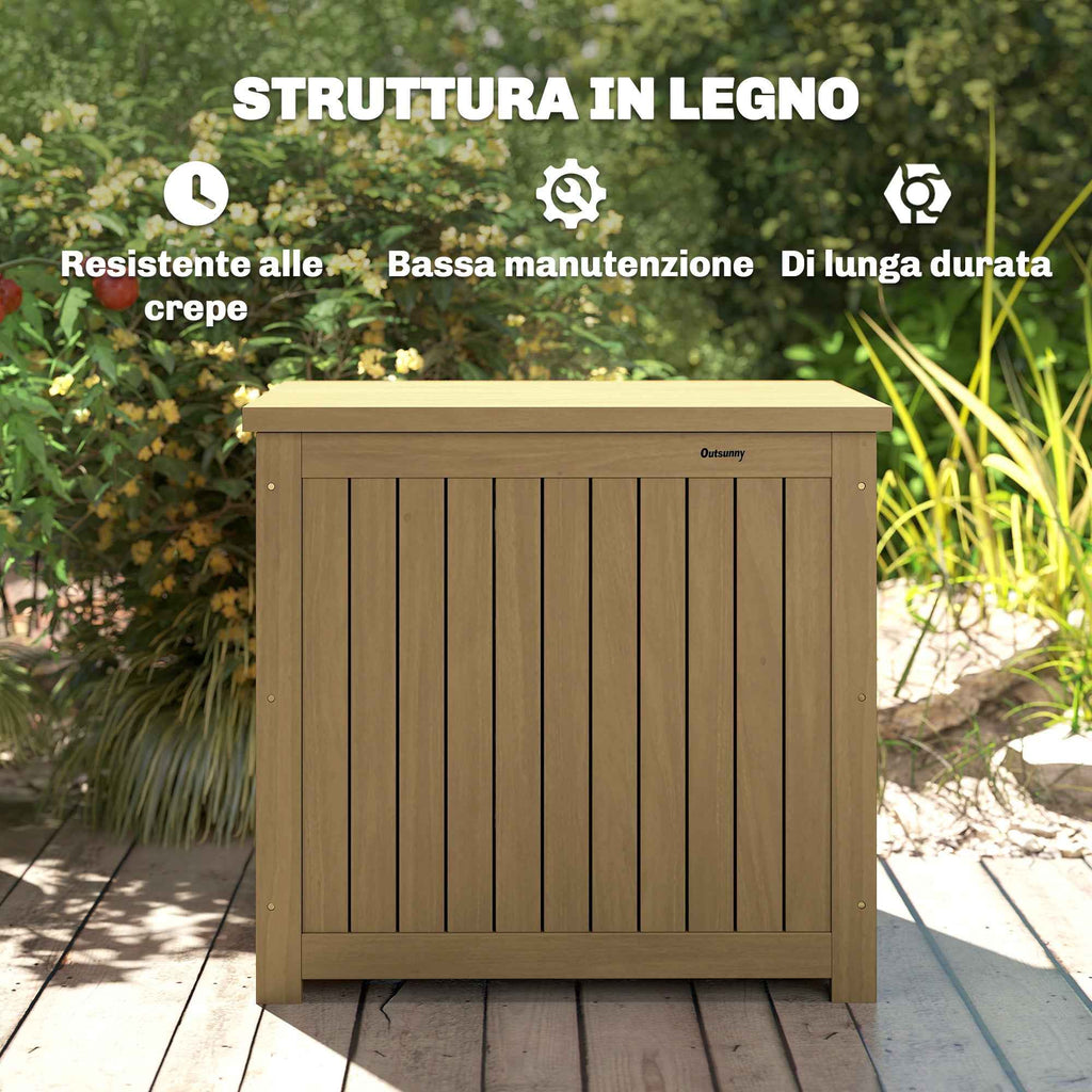 Outsunny 130L Outdoor Storage Chest with Lid, Hinges and Strap, Wooden, 63x51x58.5 cm, Brown