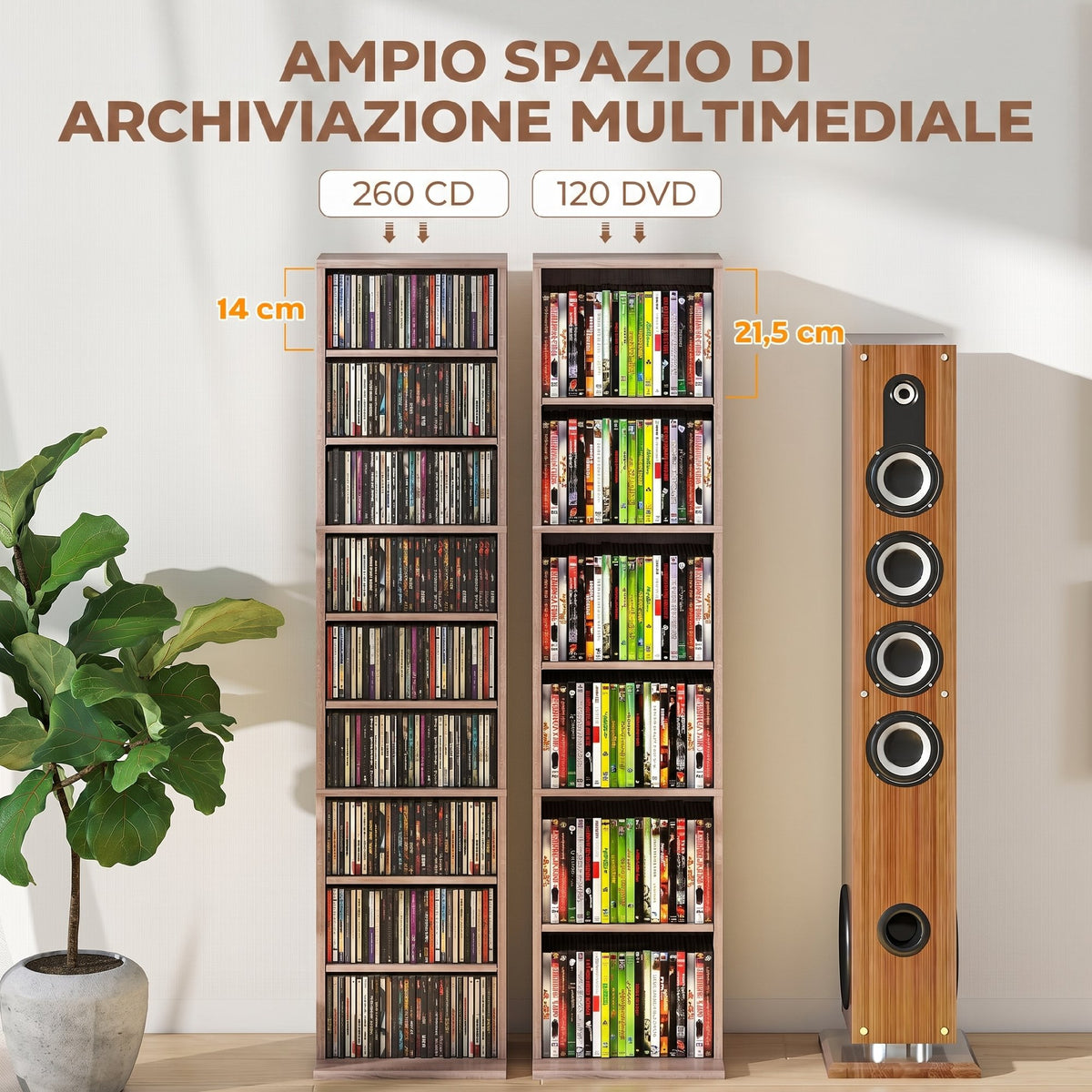 HOMCOM CD Storage Rack with 6 Adjustable Shelves, 260 CDs/120 DVDs Capacity, 33x24x140 cm, Wood Color
