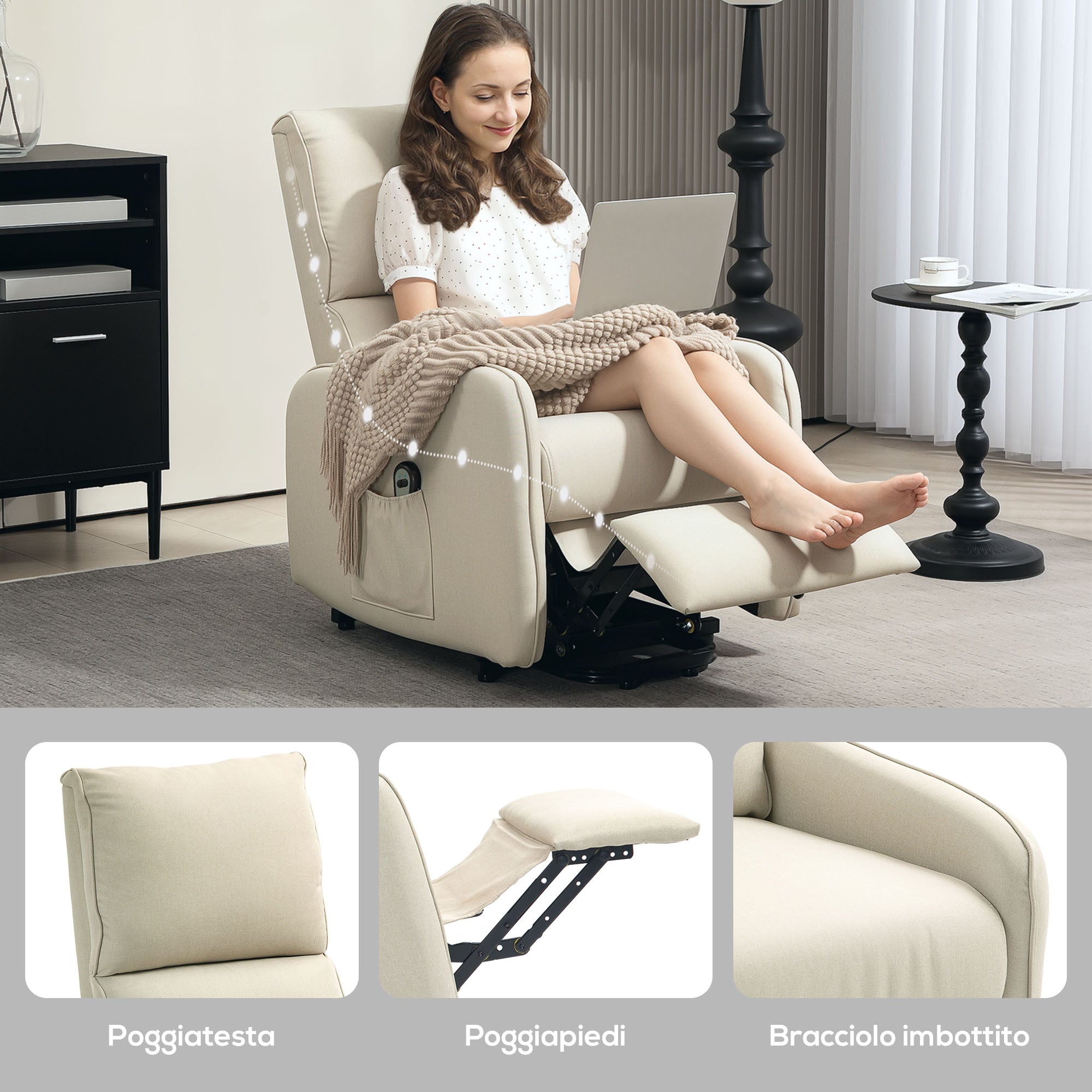 Electric Recliner Lift Chair with Remote Control and Fabric Pocket, Beige