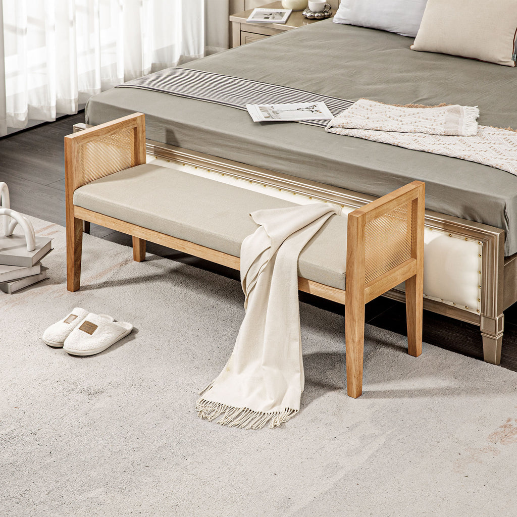Boho Bed Bottom Bench with Padded Seat and Armrests in Wood and Rattan, 120x38x61.5cm, Cream