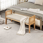 Boho Bed Bottom Bench with Padded Seat and Armrests in Wood and Rattan, 120x38x61.5cm, Cream