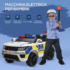 Electric Police Car for Kids, 12V Battery and Remote Control, Siren Lights USB Connection for Music, 110x68x52cm, White