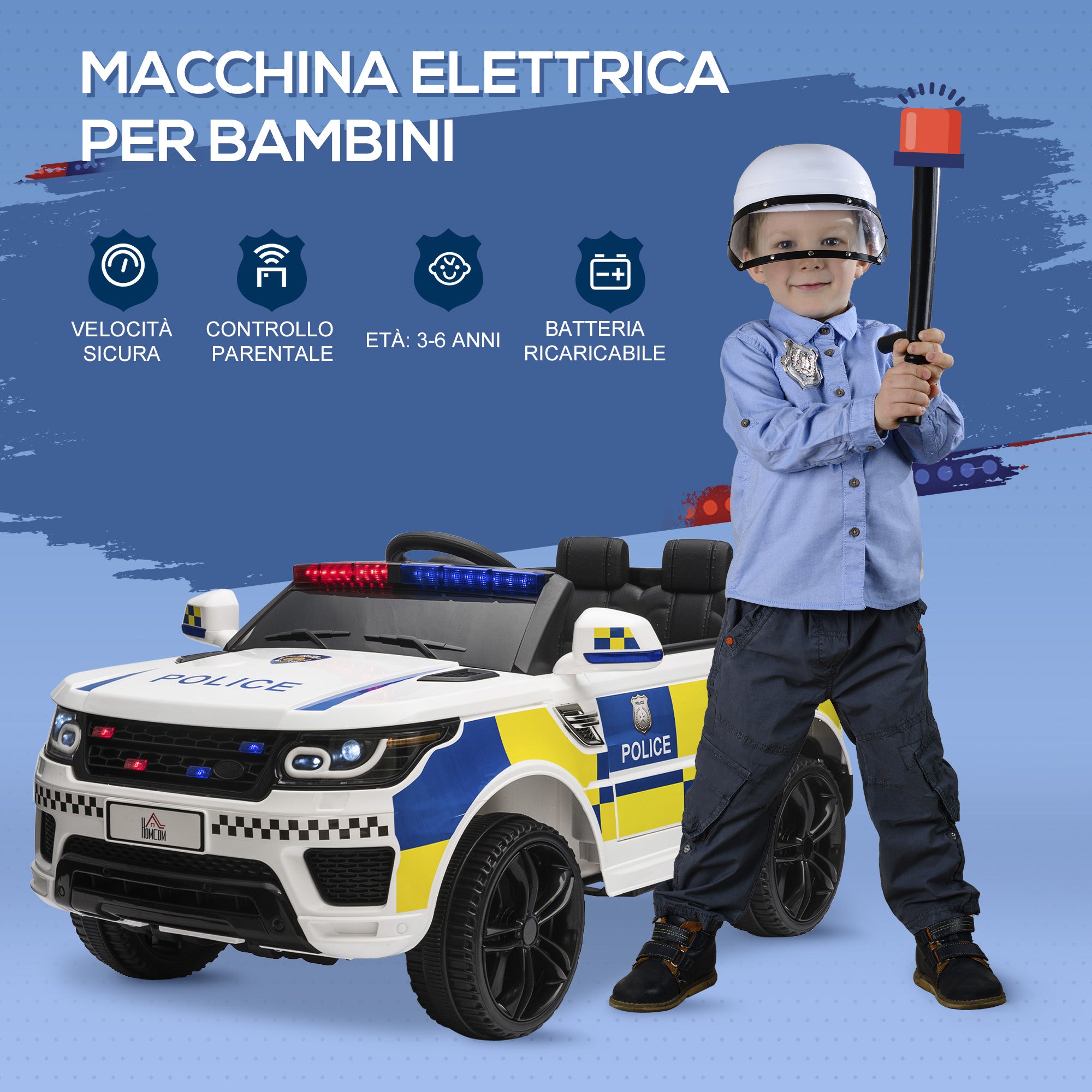 Electric Police Car for Kids, 12V Battery and Remote Control, Siren Lights USB Connection for Music, 110x68x52cm, White