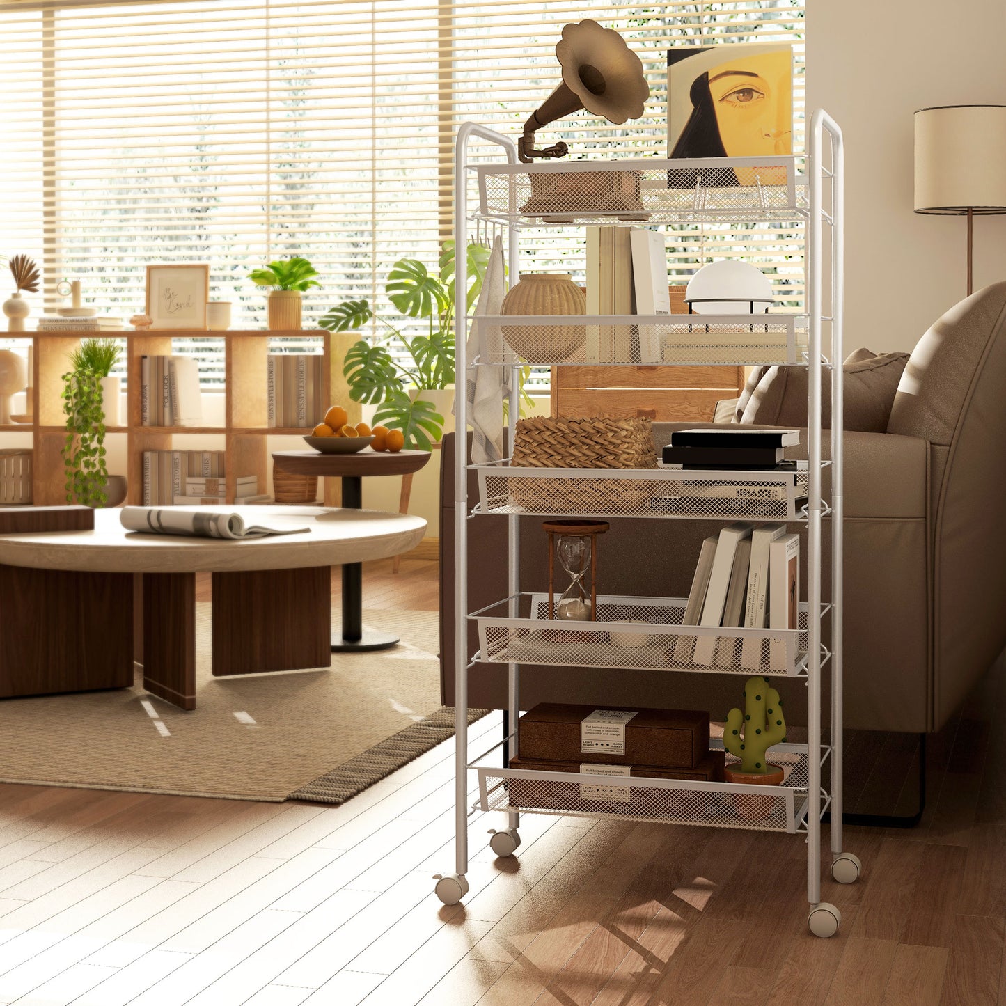 5-Tier Space-Saving Kitchen Cart with Steel Mesh Baskets, 45x26.5x106cm, White