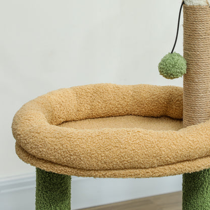 Cat Scratching Tree with House, Bed and 2 Balls, Made of Wood and Polyester, 44x30x98 cm, Green and Brown