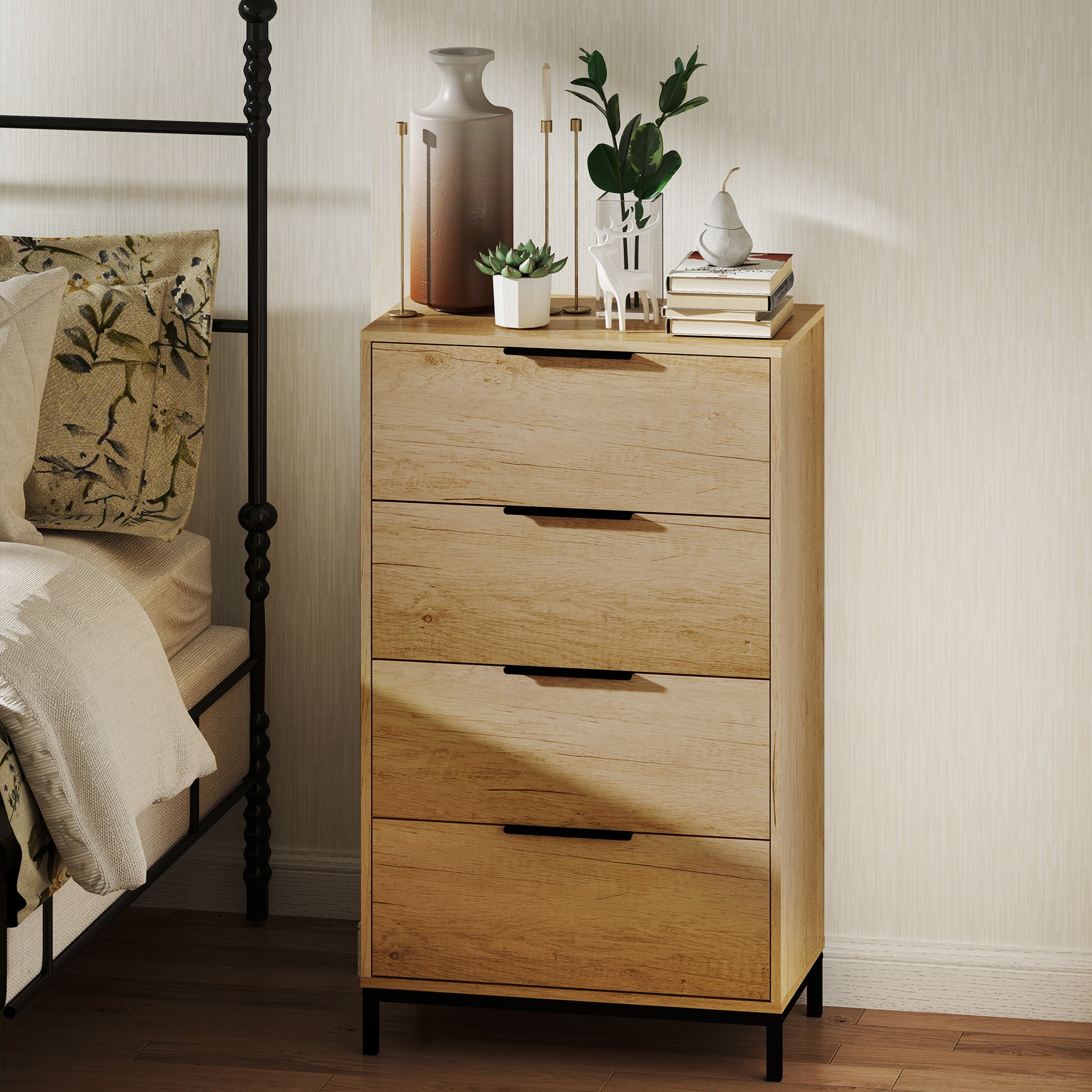 4-Drawer Chest of Drawers Anti-Tip with Black Handles, in Wood and Metal, 62x35x105 cm, Light Brown