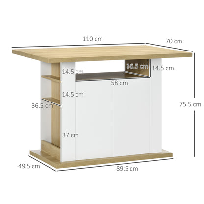 Kitchen Island 4-6 People with Cabinets and Open Shelves, in Chipboard, 110x70x75.5 cm, White and Wood color - Borgè