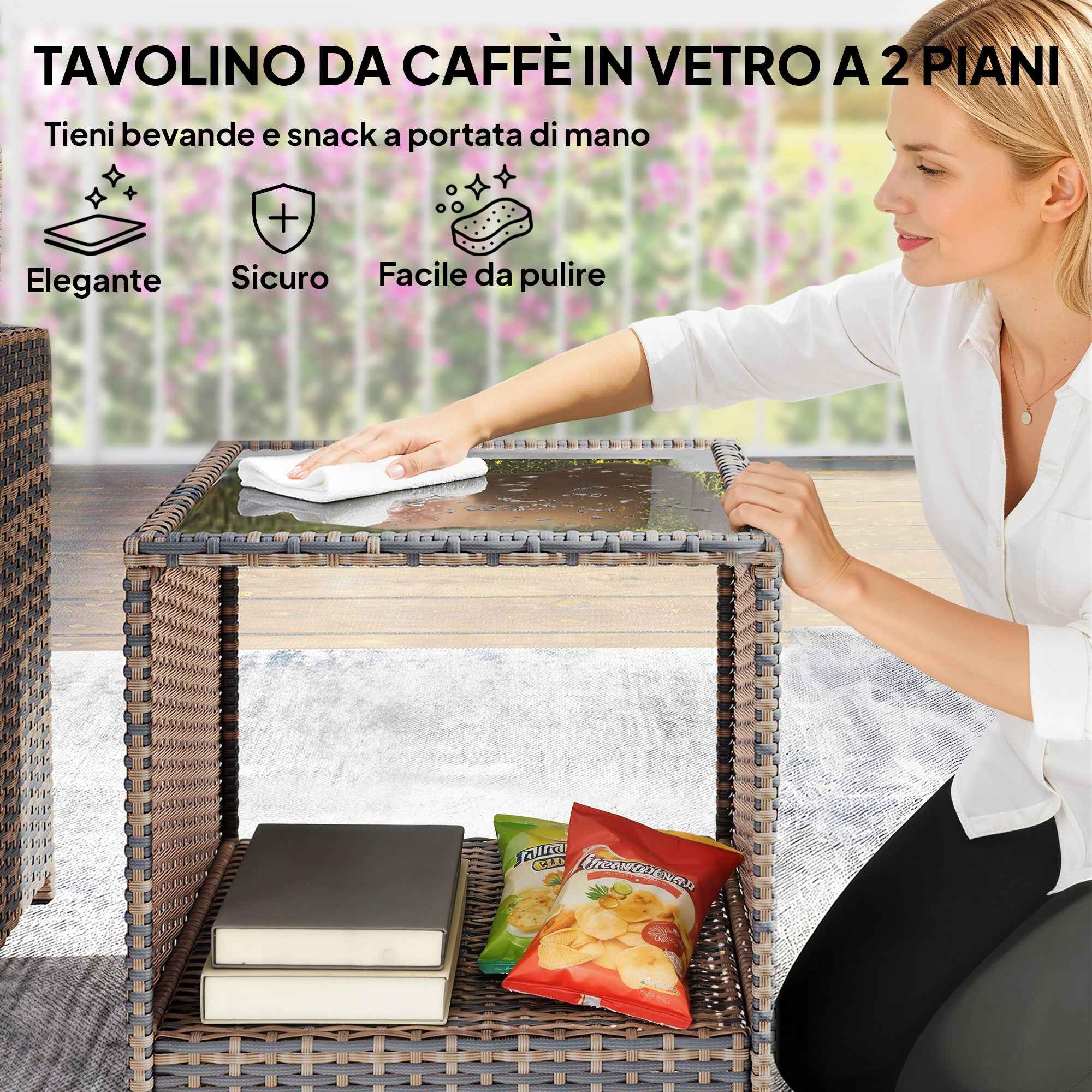 Outsunny 5-Piece Rattan and Steel Outdoor Set with 2 Ottomans, 2 Chairs and 2-Tier Coffee Table, Brown and Cream