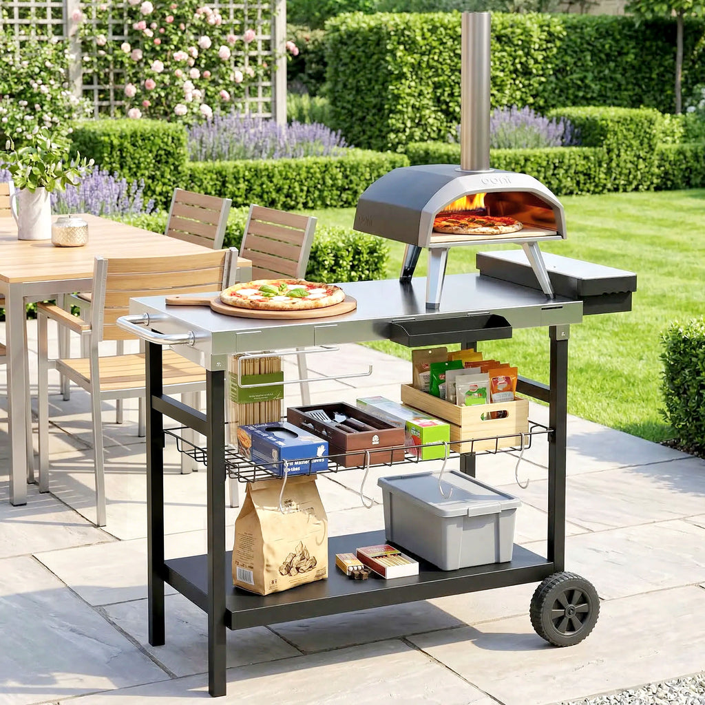 Outsunny Outdoor Barbecue Cart with Stainless Steel Top, Spice Rack, Hooks and Side Handle, Black