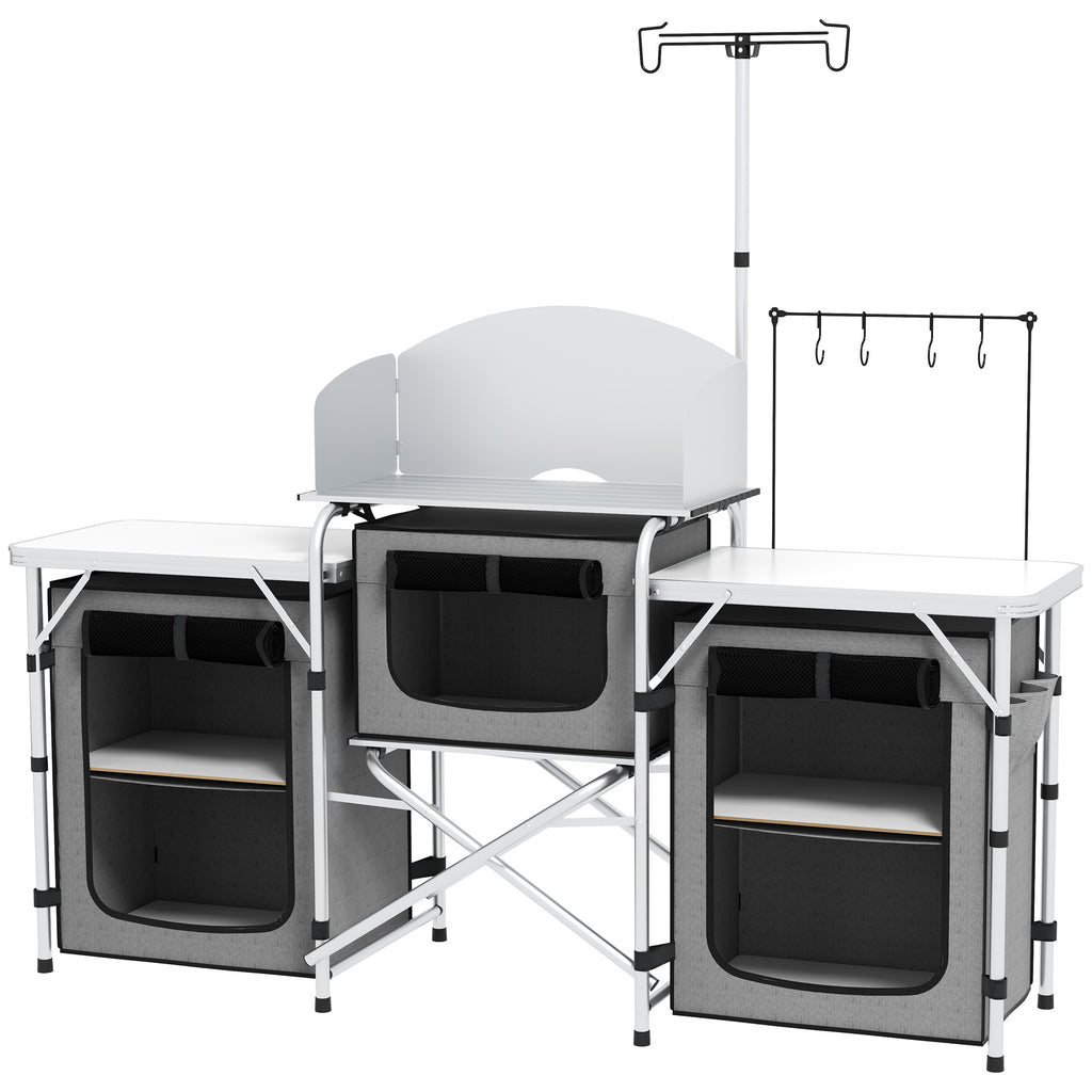 Folding Camping Kitchen with 5 Internal Shelves and 4 Hooks, 172x48x119 cm, Grey and Silver