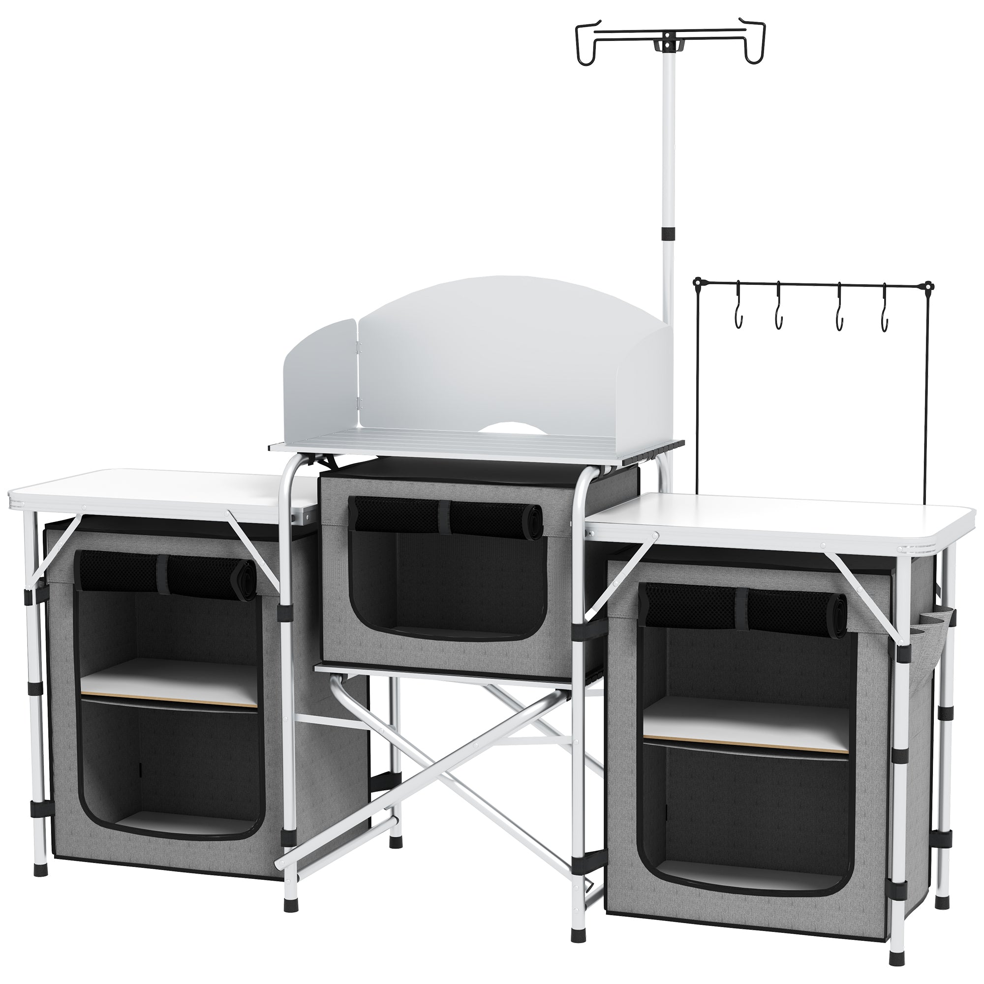 Folding Camping Kitchen with 5 Internal Shelves and 4 Hooks, 172x48x119 cm, Grey and Silver