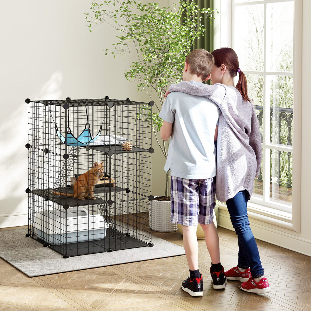PawHut Cat Cage, Customizable 3-Tier Enclosure, 105cm, Black