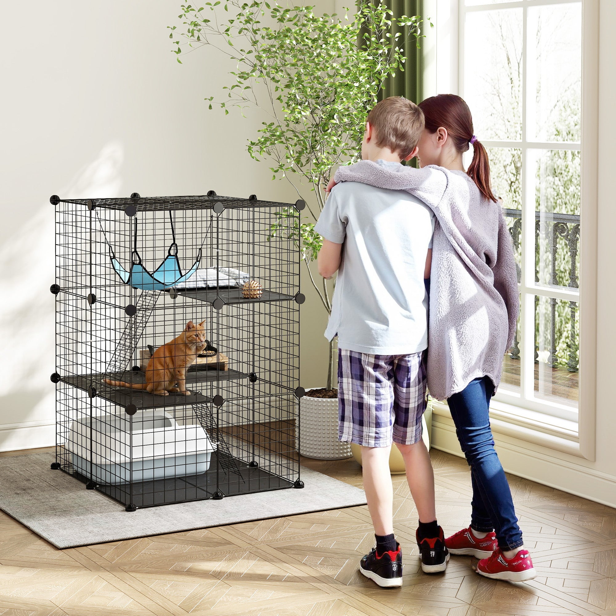 PawHut Cat Cage, Customizable 3-Tier Enclosure, 105cm, Black