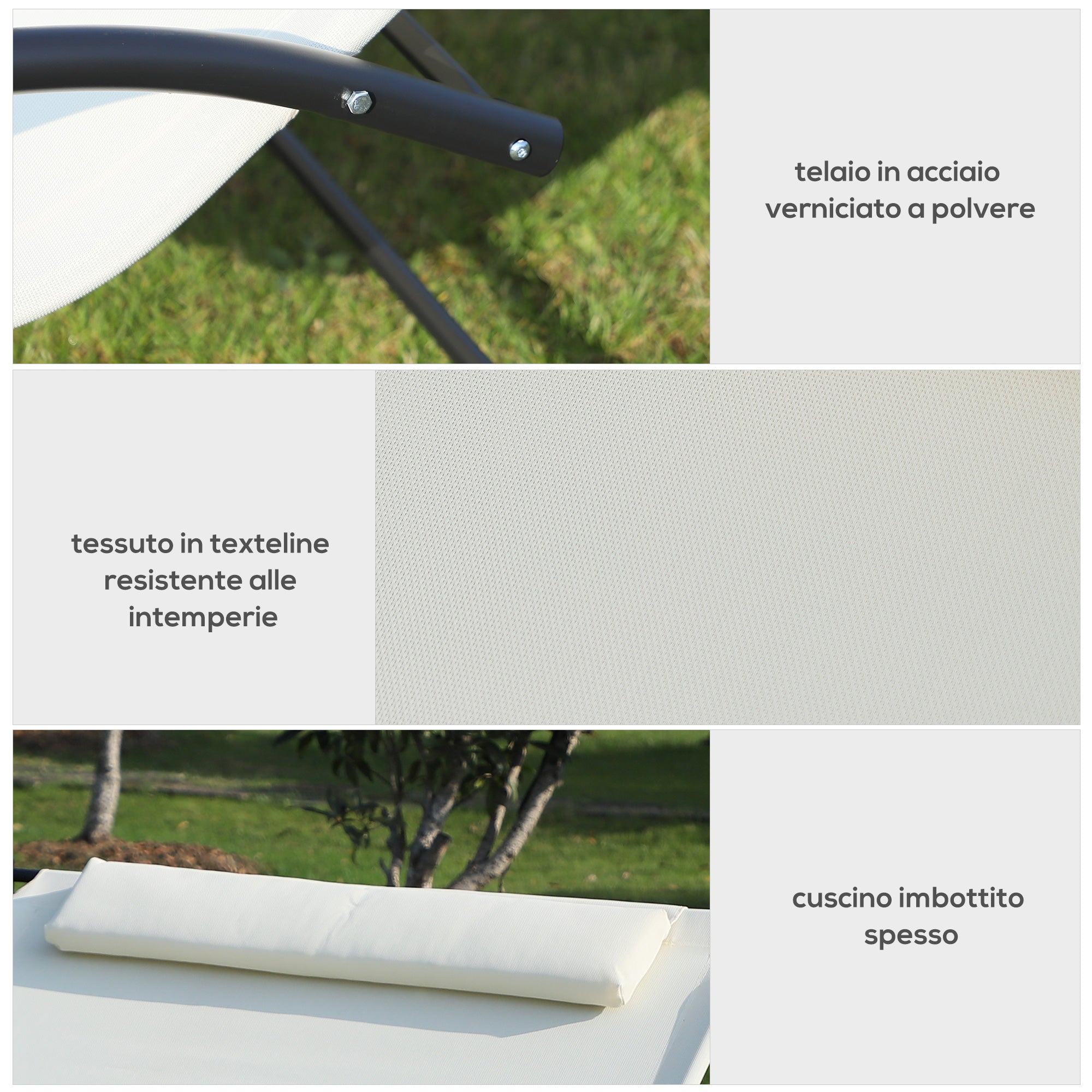 Outsunny 2-Seater Sun Lounger, Metal and Textilene Rocking Garden Lounger, 140x200x36-88cm, Cream White