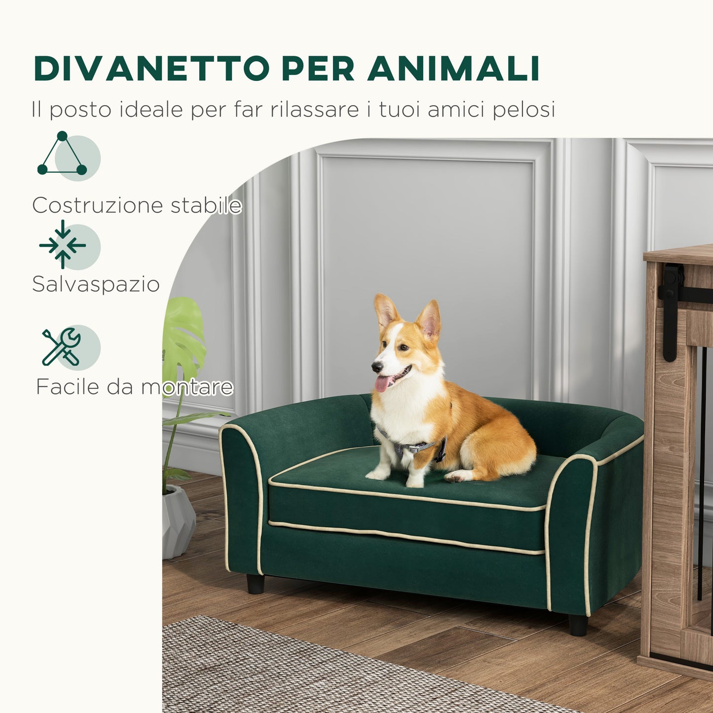 Sofa for Small and Medium Size Dogs with Cushion, in Velvet and Wood Effect Fabric, 79x56x35 cm, Dark Green