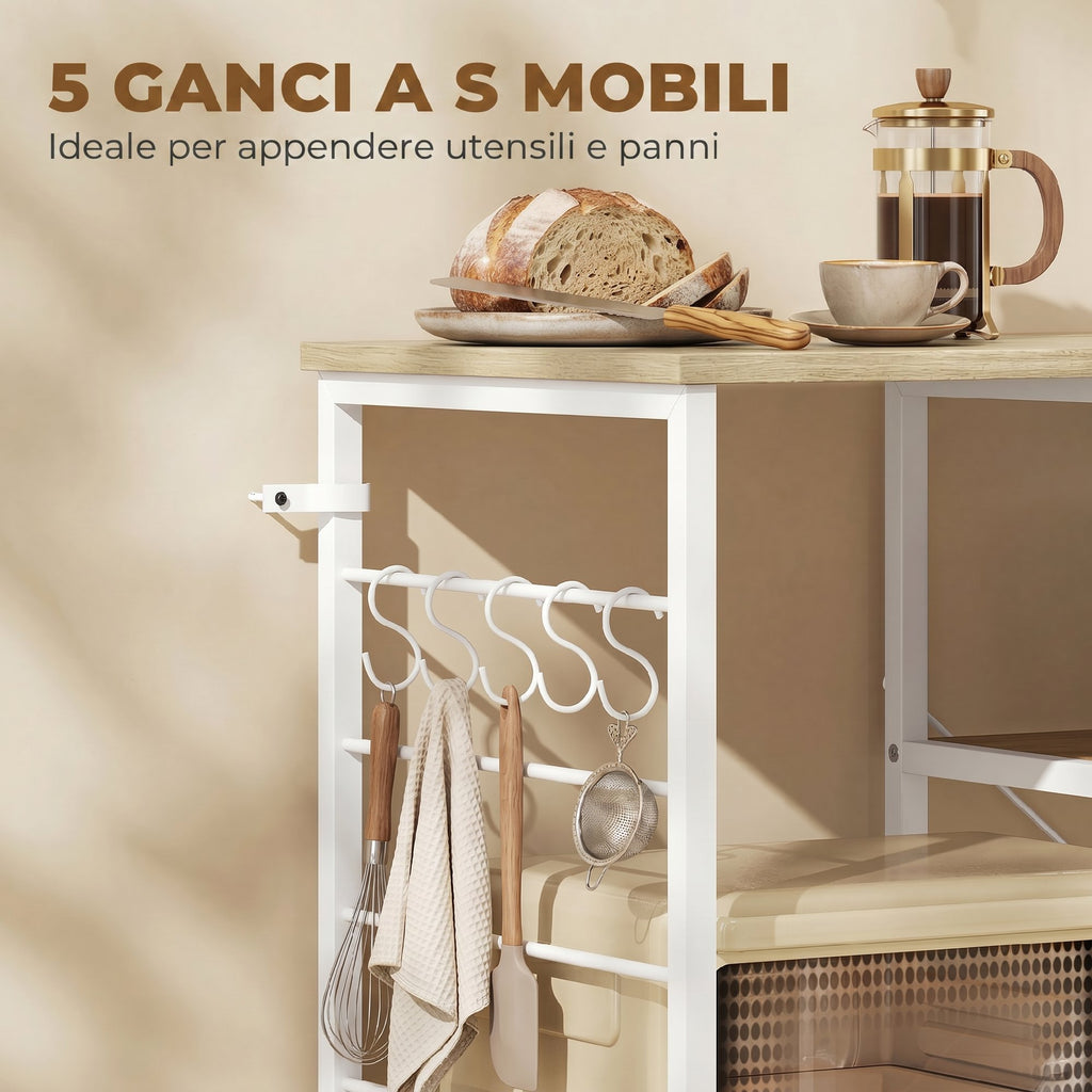 HOMCOM Kitchen Shelf with Wooden and Metal Shelves and 5 Hooks, Space-Saving, 90x39x83.5 cm, Oak