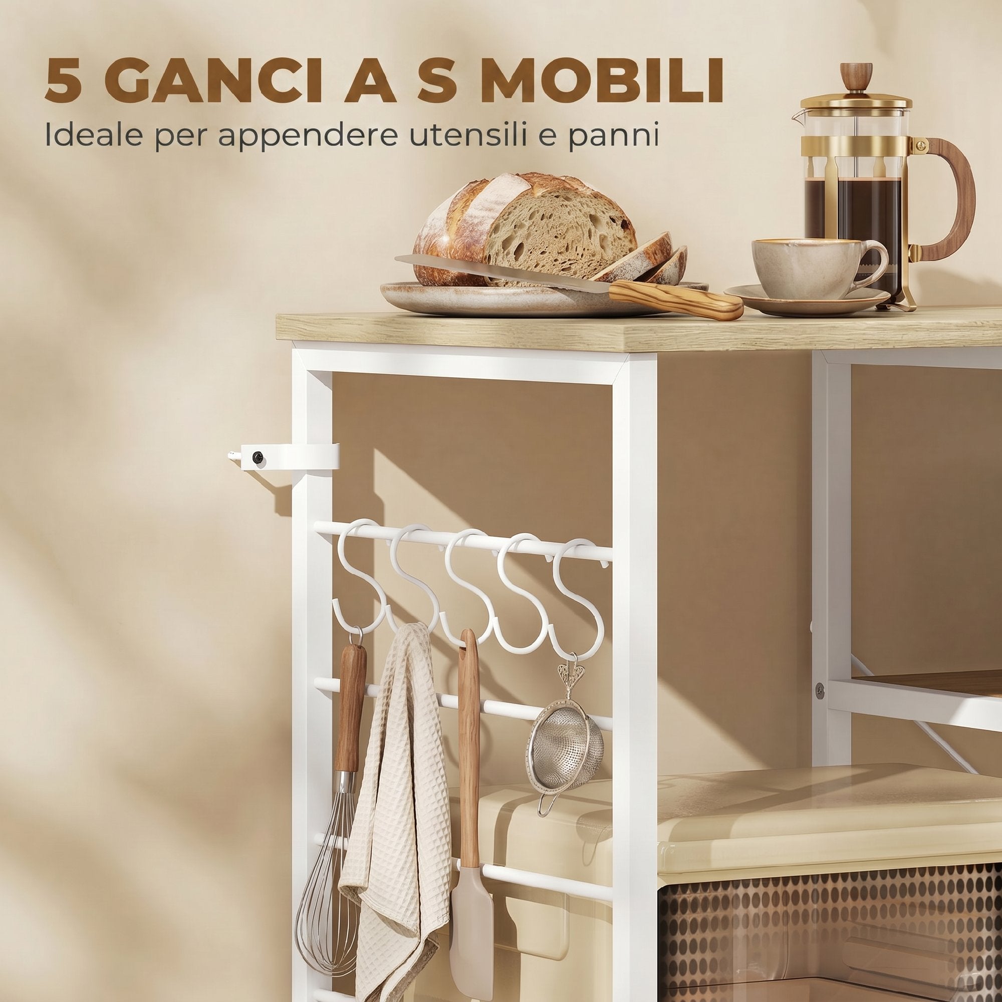 HOMCOM Kitchen Shelf with Wooden and Metal Shelves and 5 Hooks, Space-Saving, 90x39x83.5 cm, Oak