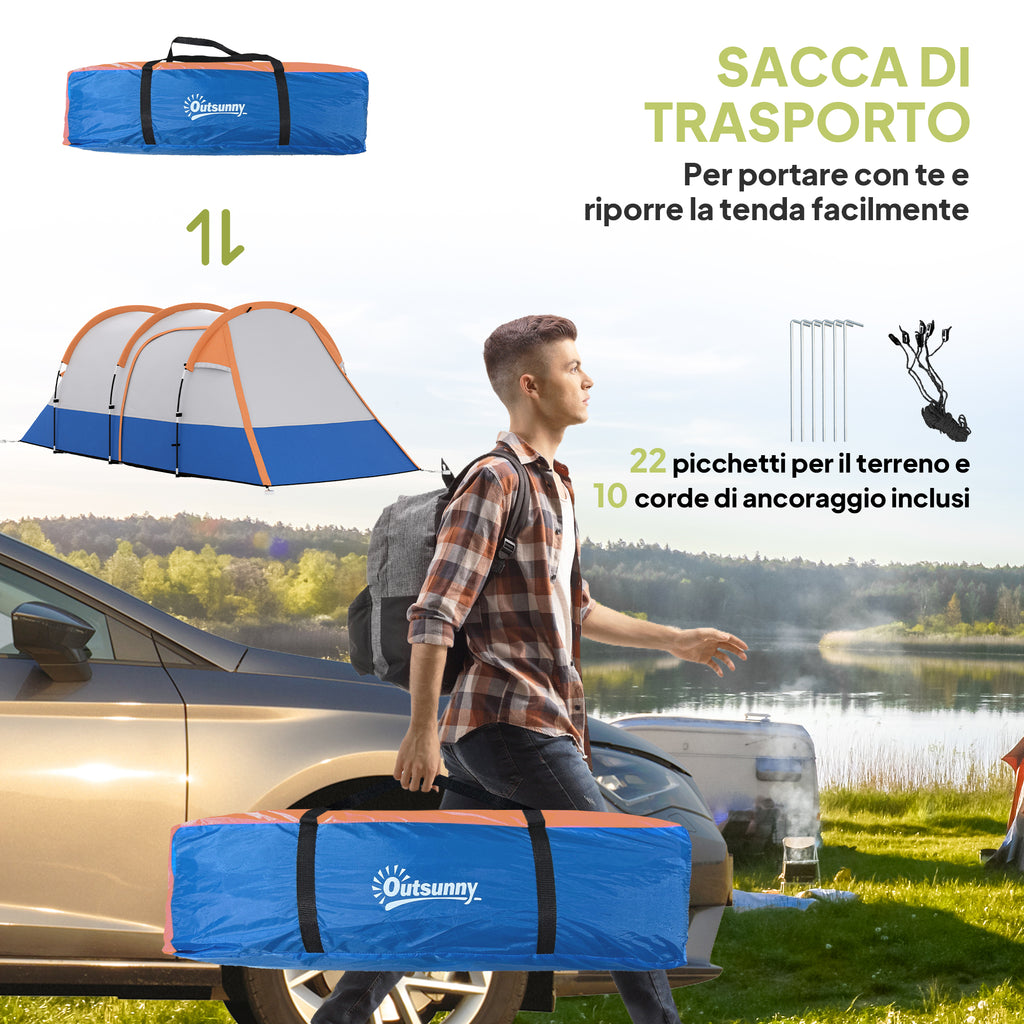 Waterproof Camping Tent with 2 Areas and 3 Entrances, Polyester and Fiberglass, 420x200x150 cm, Orange