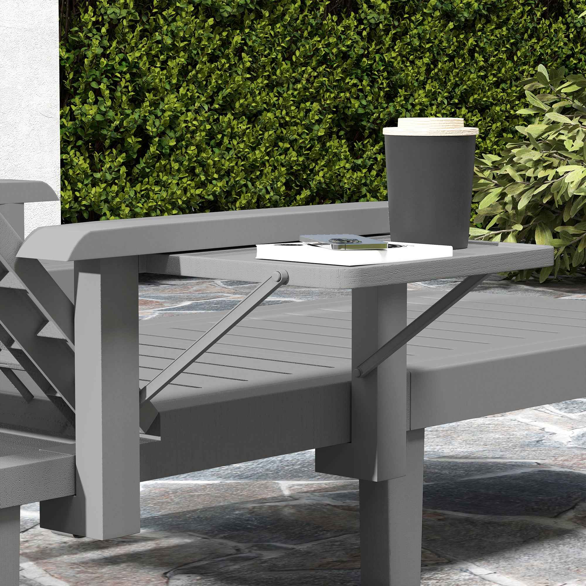 Outsunny Set of 2 Adjustable Garden Loungers with Table and Armrests, in Polypropylene, 79x158x88 cm, Dark Grey