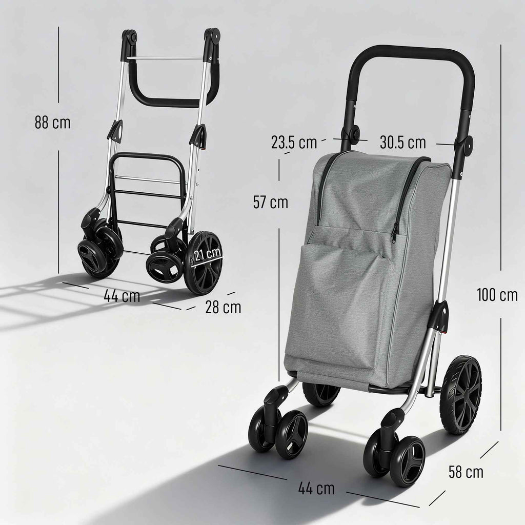 HOMCOM Folding Aluminum Shopping Cart with Wheels, 46L Bag, Refrigerated Compartment, Adjustable Handle, Gray
