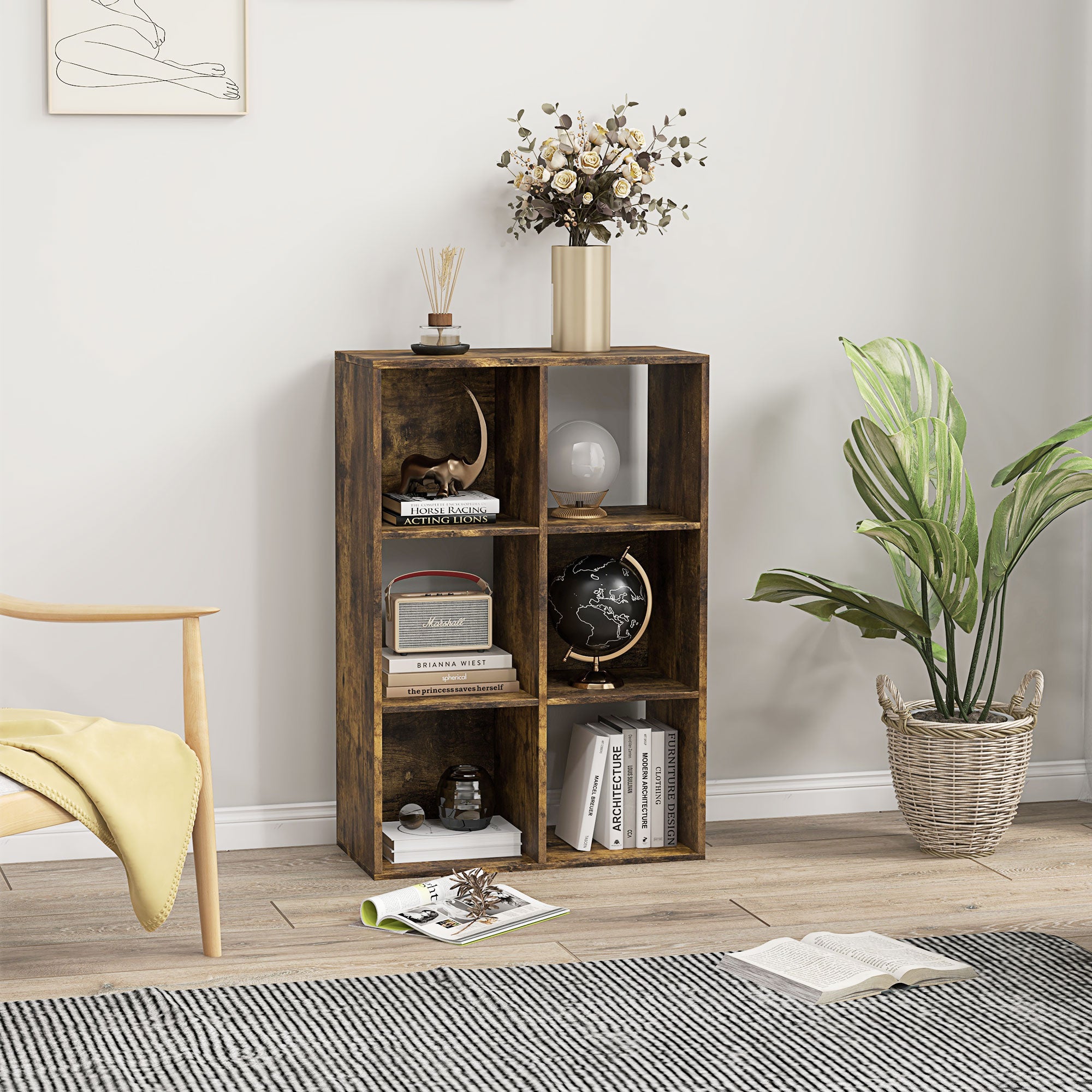 6-Tier Cube Bookcase with Rustic Wooden Storage Shelves, 61.5 x 29.5 x 91.5 cm, Brown