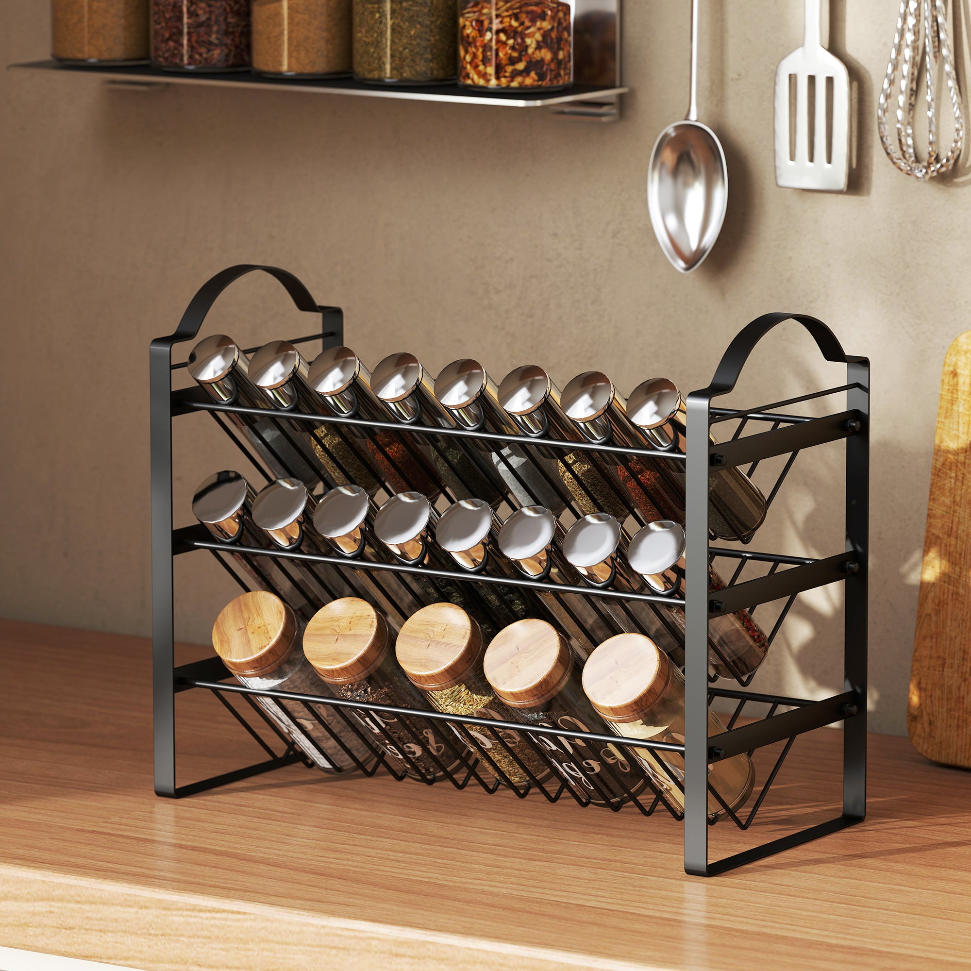 3-Tier Kitchen Spice Rack, Space-Saving Organizer with Slanted Metal Shelves, Black