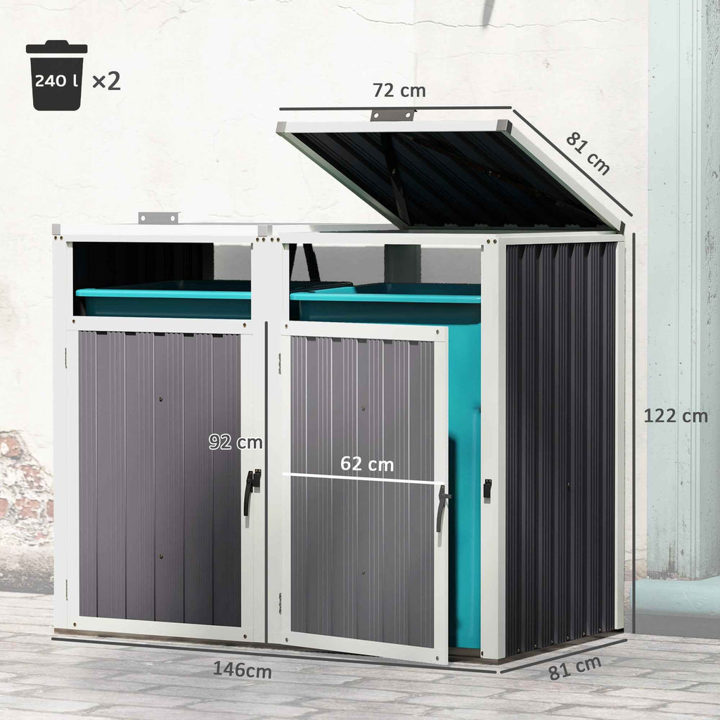Outsunny 2-Section Garbage Can Shed with Lift-Off Lid, Galvanized Steel, 146x81x122 cm, Dark Grey