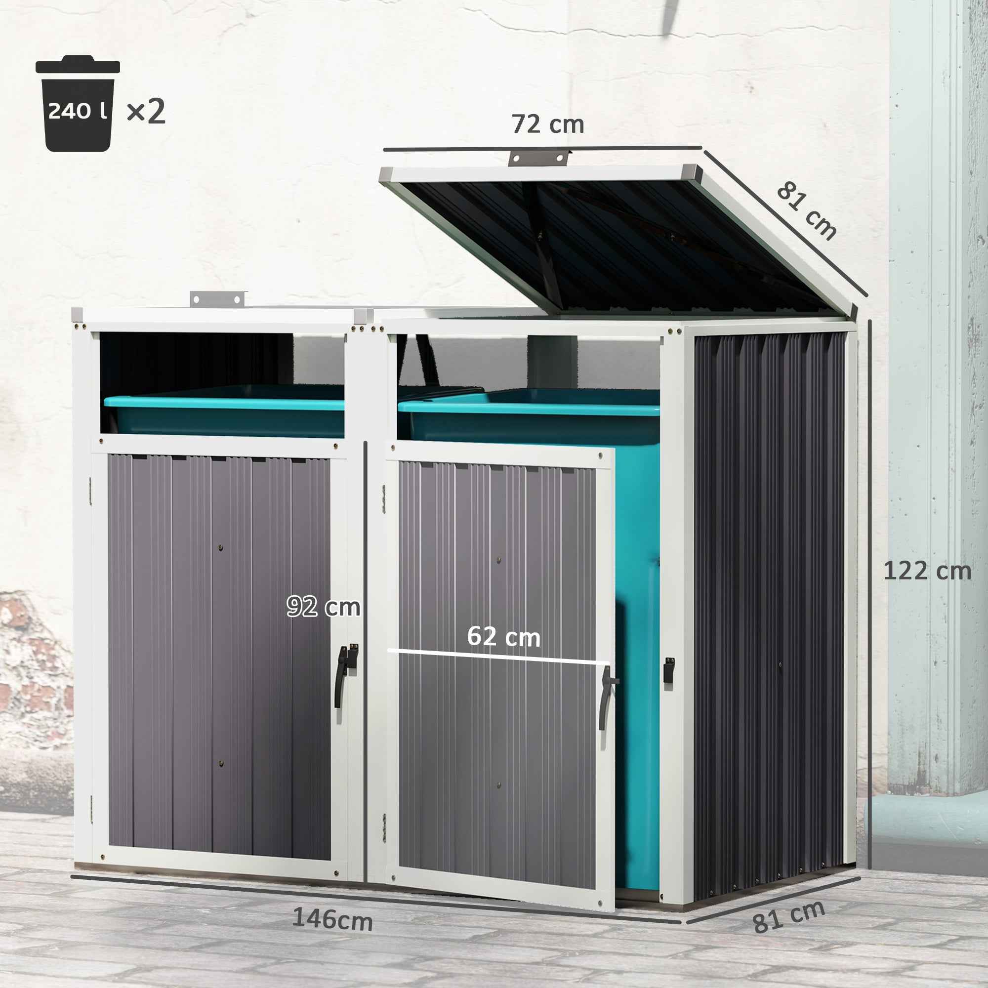 Outsunny 2-Section Garbage Can Shed with Lift-Off Lid, Galvanized Steel, 146x81x122 cm, Dark Grey