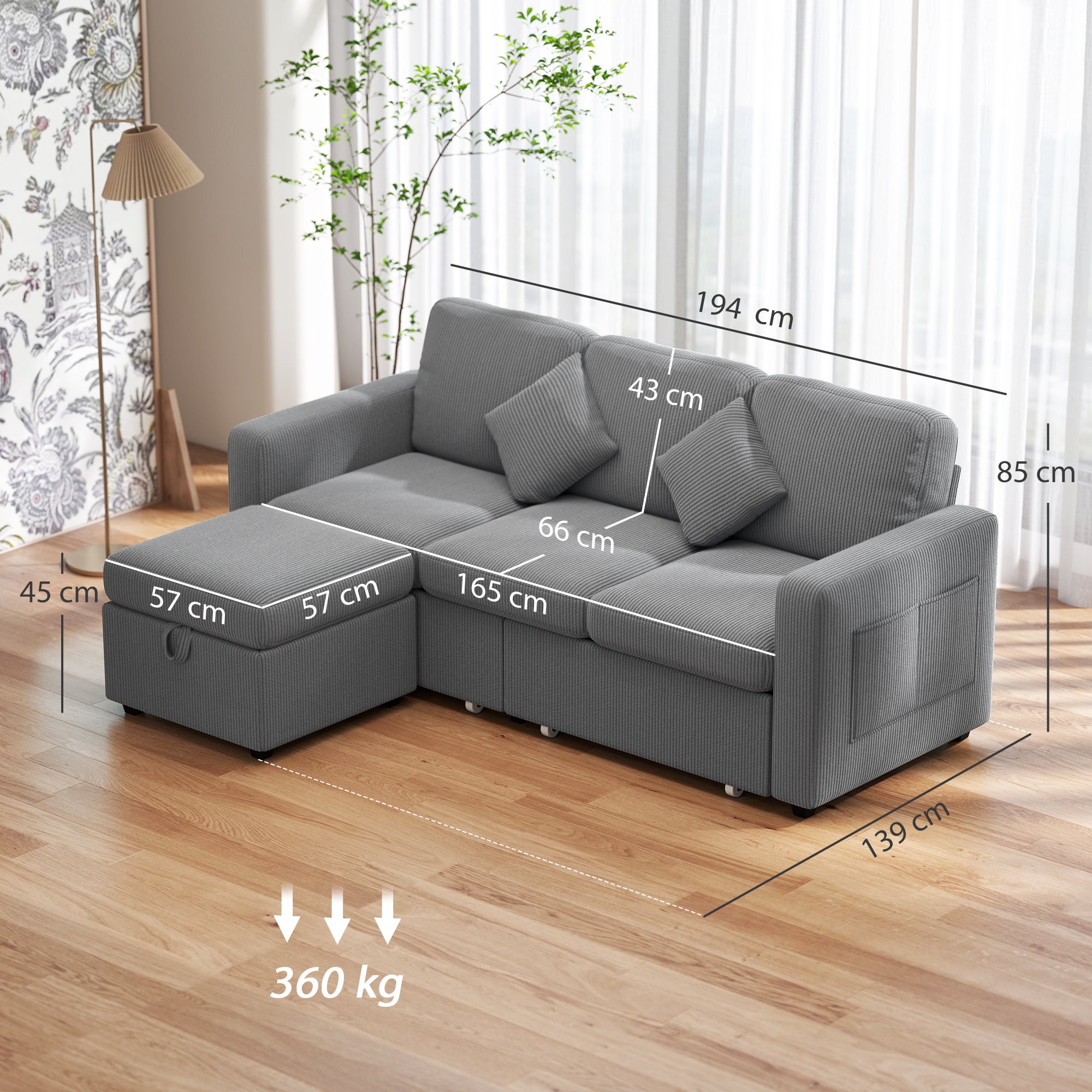 3-Seater Modular Sofa with Storage Pouf in Corduroy, 196x139x85 cm, Light Grey