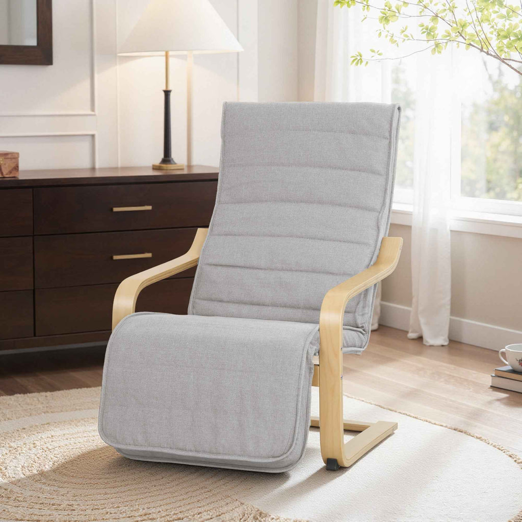 HOMCOM Birch Wood and Linen-Effect Fabric Bedroom Armchair with Adjustable Footrest, Light Grey