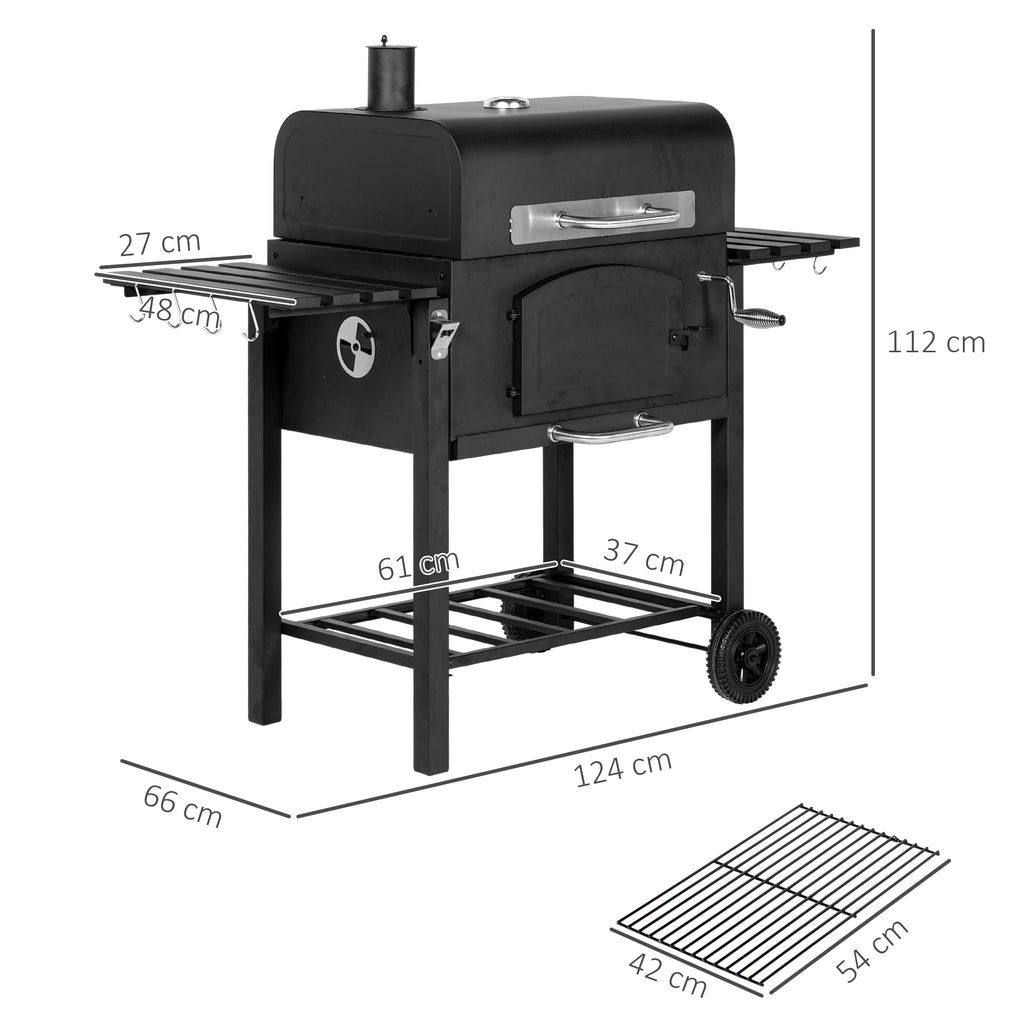 Outsunny 2-Wheel Garden Barbecue with Grill, Smoker and Stove, in Metal and Cast Iron, 124x66x112 cm, Black - Borgè