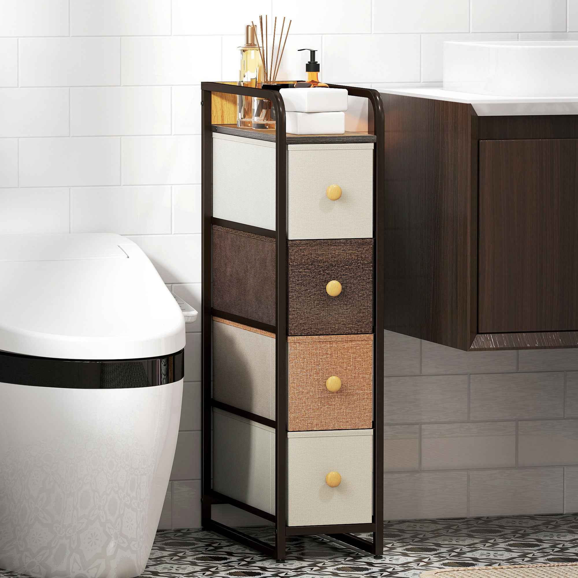 HOMCOM Space-Saving Chest of Drawers with 4 Folding Drawers in Fabric, Steel and Wood, 20x47x84.5 cm, Multicolor