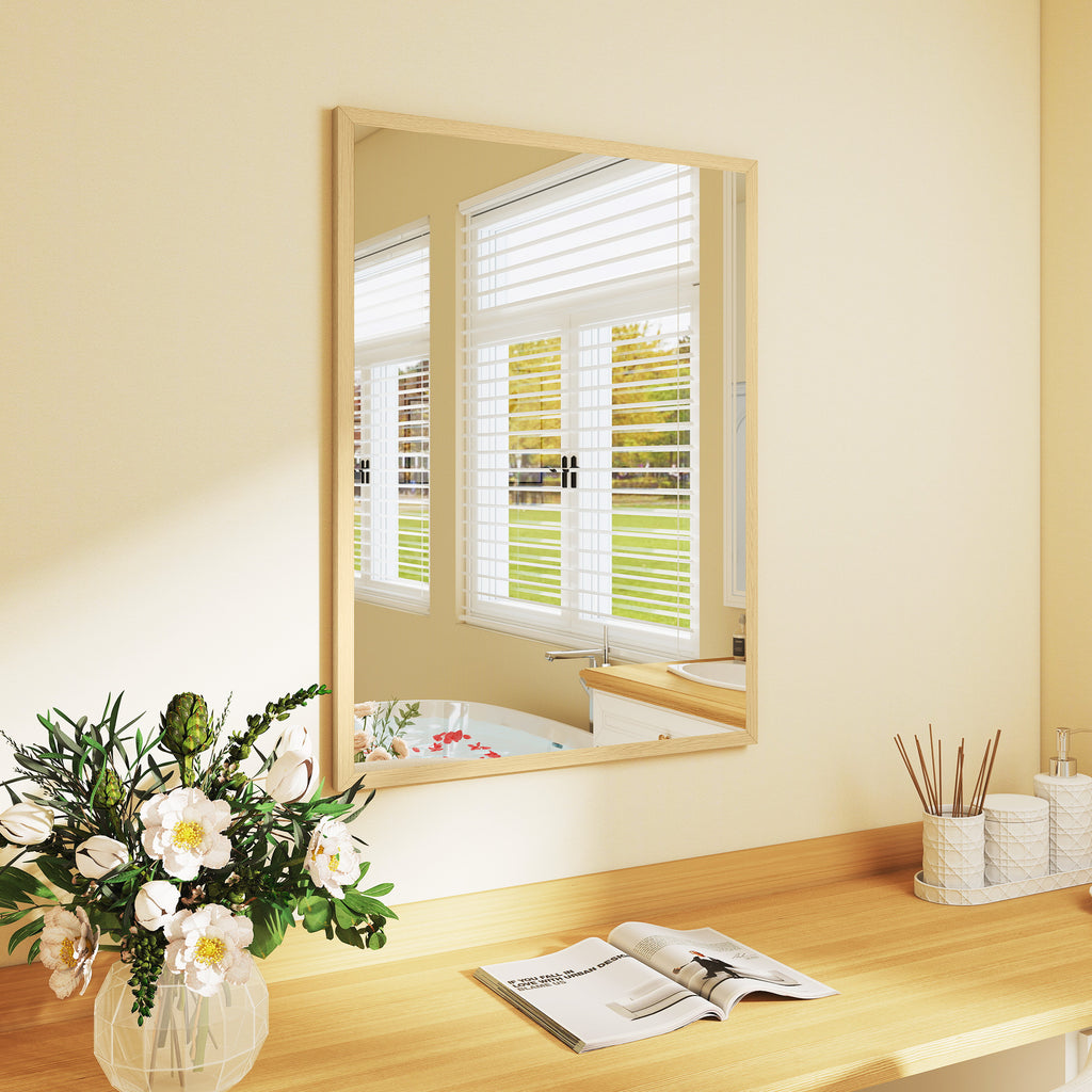 HOMCOM Rectangular Wall Mirror with Hooks, Glass and MDF, 60x80 cm, Wood Color