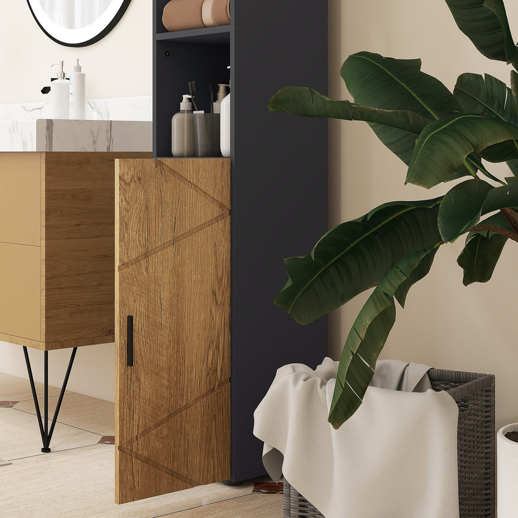 kleankin Chipboard Bathroom Column with 2 Open Shelves and 2 Double-Tier Cabinets, 30x30x183 cm, Oak