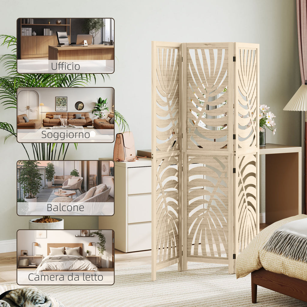 3-Panel Folding and Separable Wooden Room Divider, Leaf Design, 120x170 cm, Wood Color