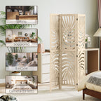 3-Panel Folding and Separable Wooden Room Divider, Leaf Design, 120x170 cm, Wood Color