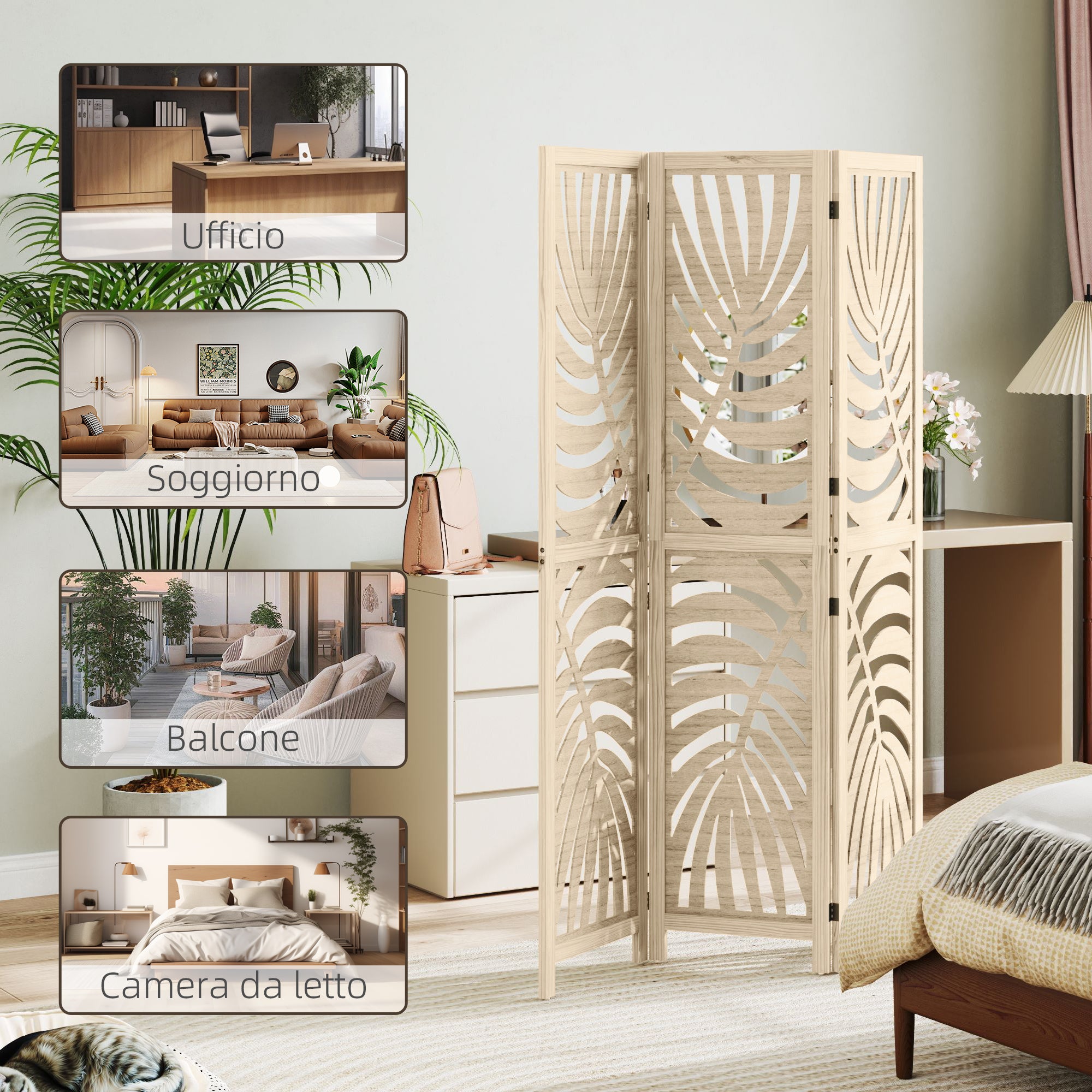 3-Panel Folding and Separable Wooden Room Divider, Leaf Design, 120x170 cm, Wood Color