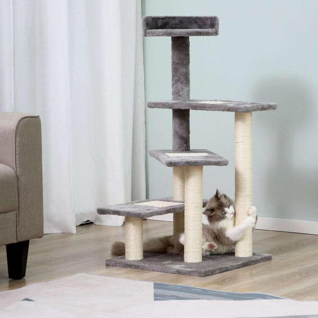 100cm Cat Scratching Post with Round Bed, Sisal Posts and Plush Lining, Grey