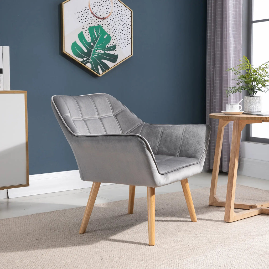 TROMSO | Scandinavian Style Wooden and Velvet Effect Armchair Grey for Living Room or Office, 67x61. 5x71 cmstyle armchair in wood and Grey velvet effect for living room or office | 64x62x72.5 cm