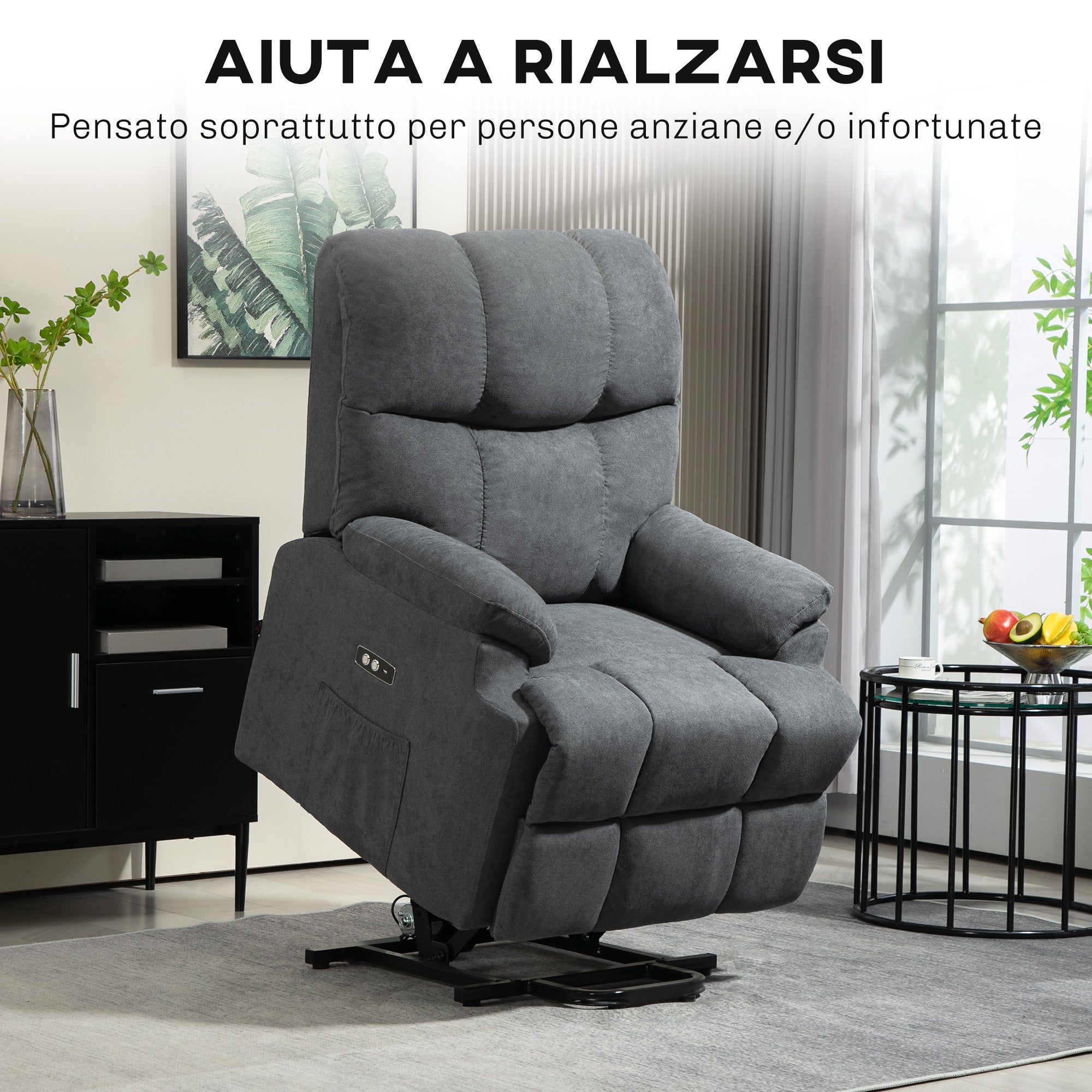 Lift Chair with Footrest, in Linen Effect Fabric, 84x96x100 cm, Dark Grey