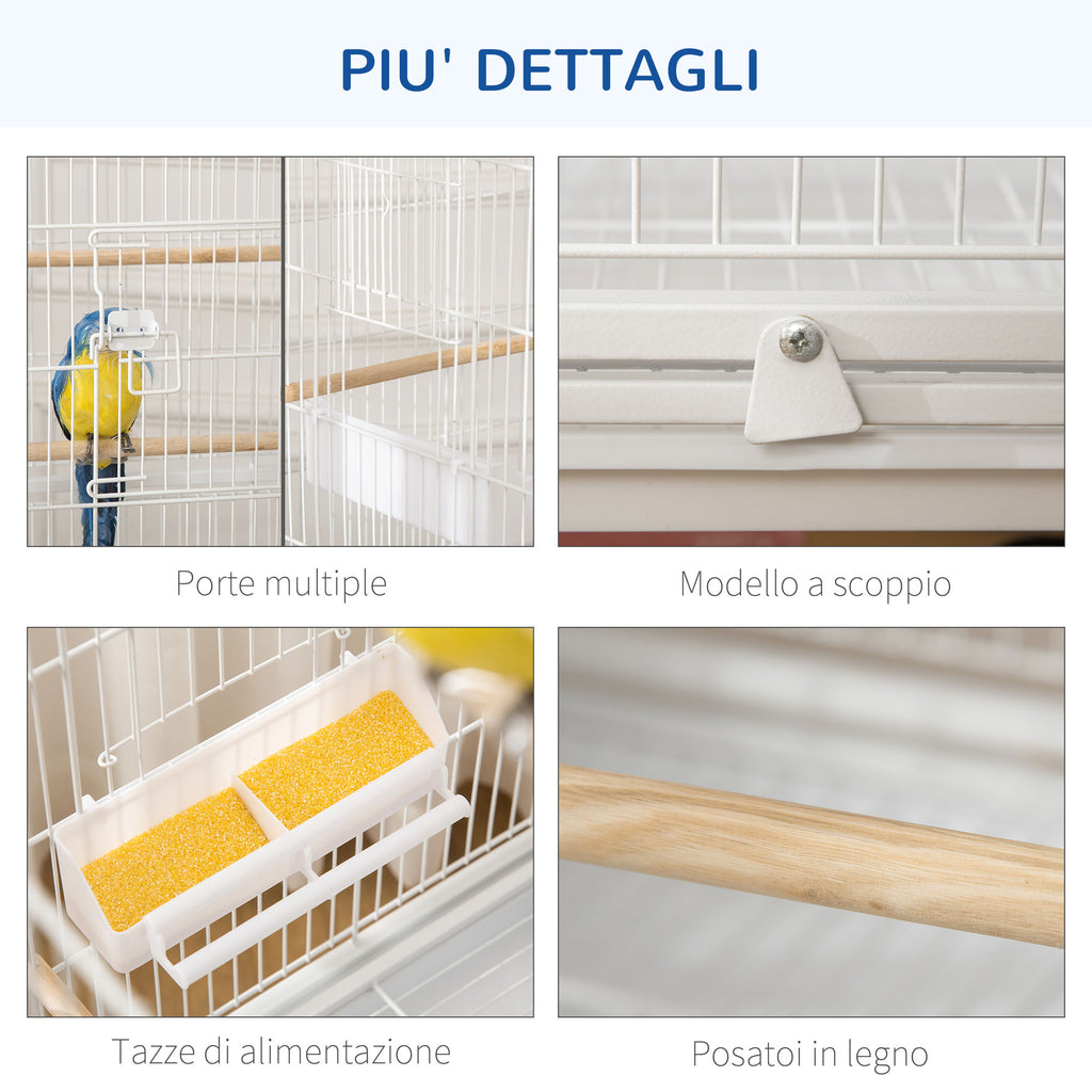 PawHut Indoor Bird Cage with Removable Tray, 4 Wheels and Perch, 78x52x132 cm, White