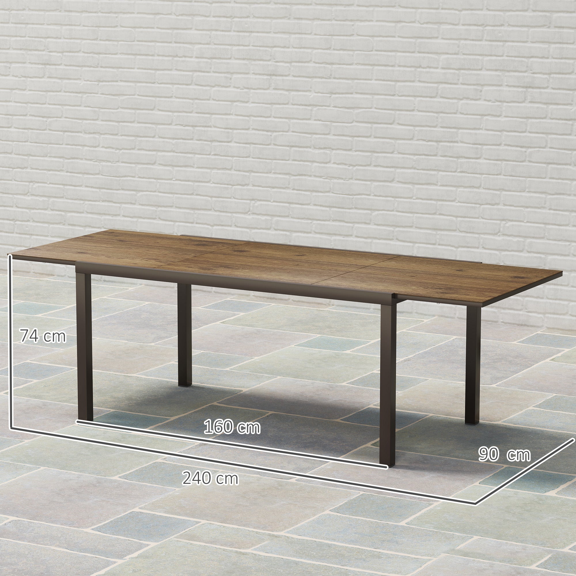 Extendable Garden Table 160-240 cm for 6-8 People Rectangular in Steel and Aluminum, Wood Effect