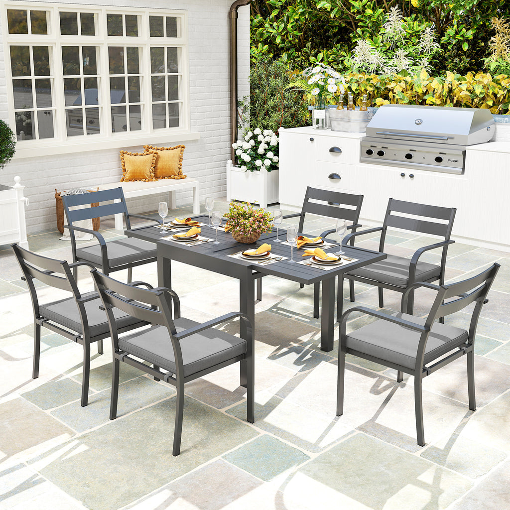 Garden Set with Extendable Table and 6 Stackable Chairs with Cushions, Grey