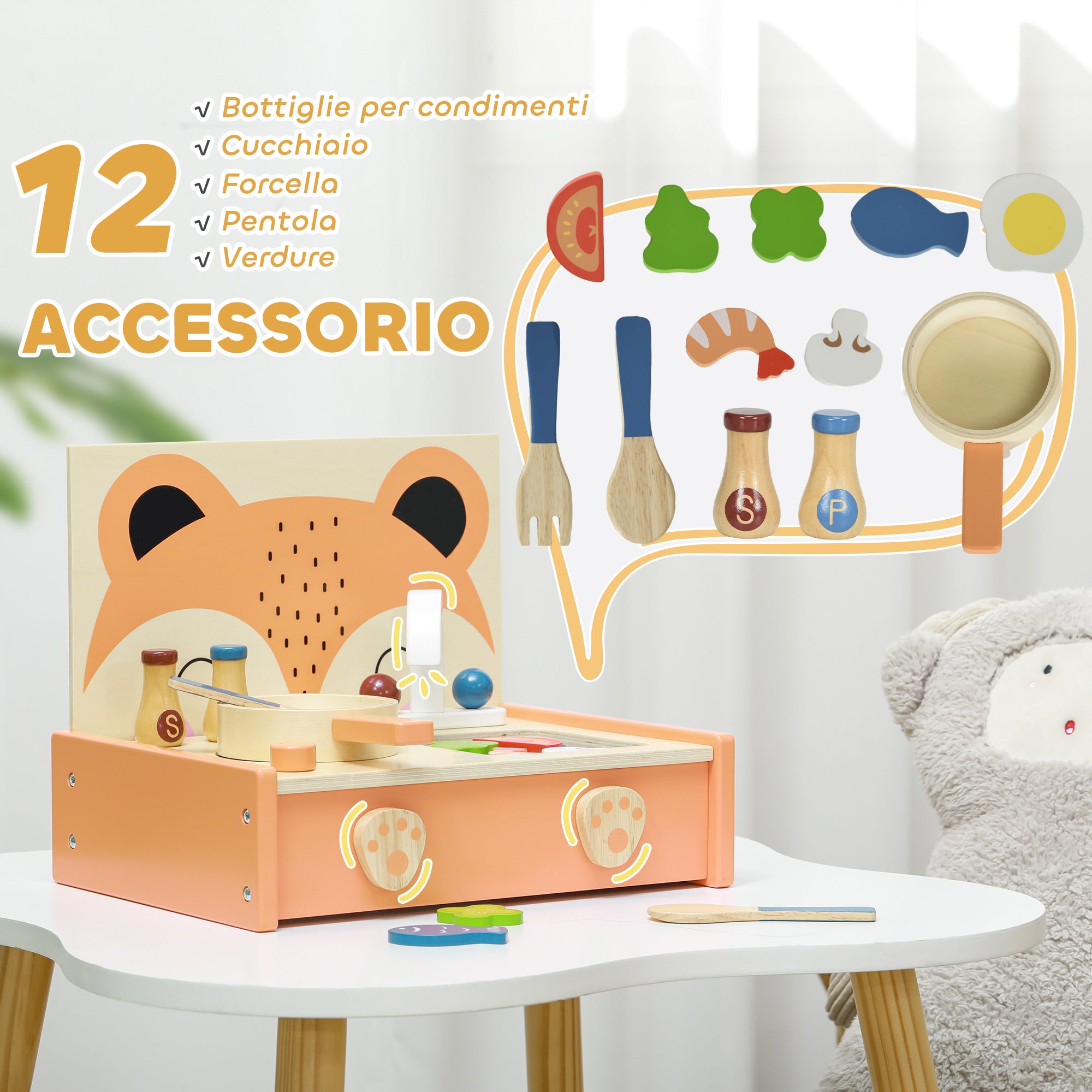 Toy Kitchen for Children 3-5 Years with Stove and 12 Wooden Accessories, Multicolo