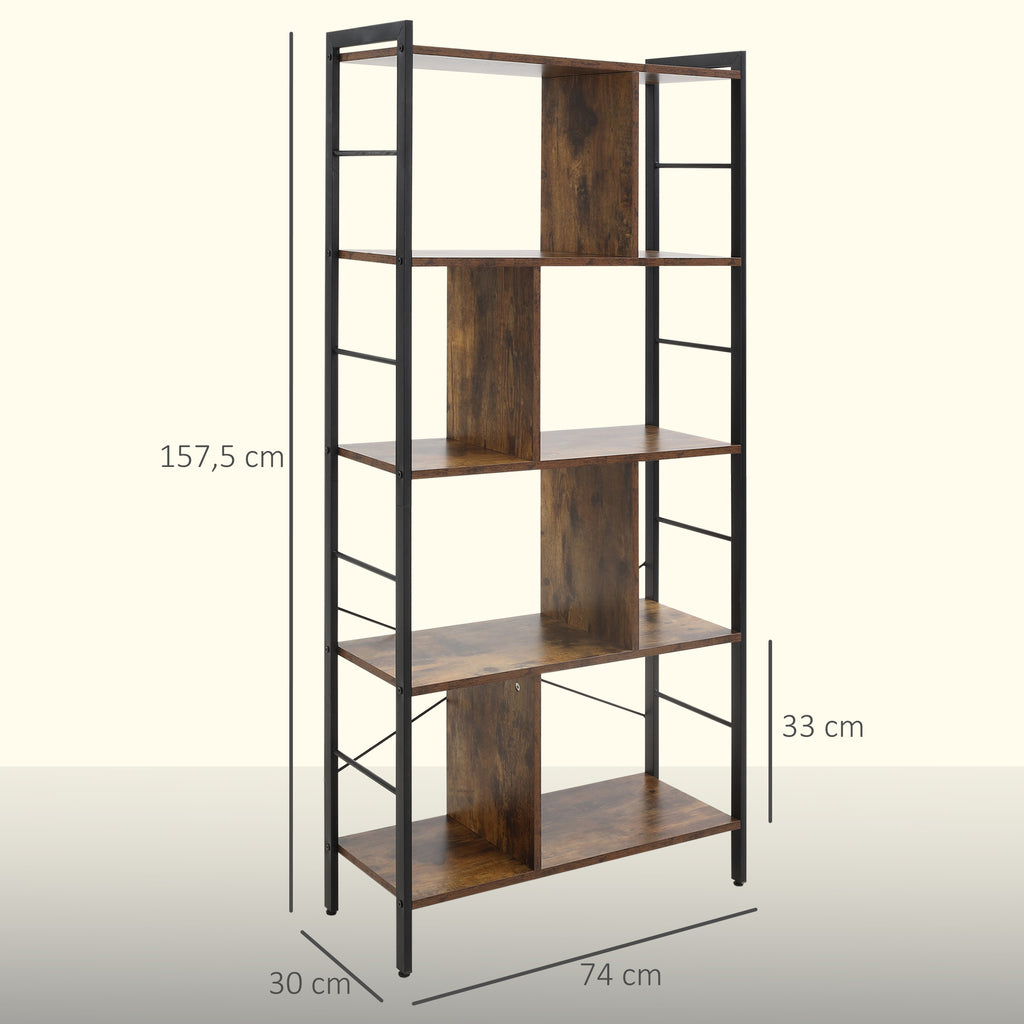 HOMCOM Industrial 5-Tier Bookcase with Open Compartments for Office, Living Room and Bedroom, Rustic Brown and Black