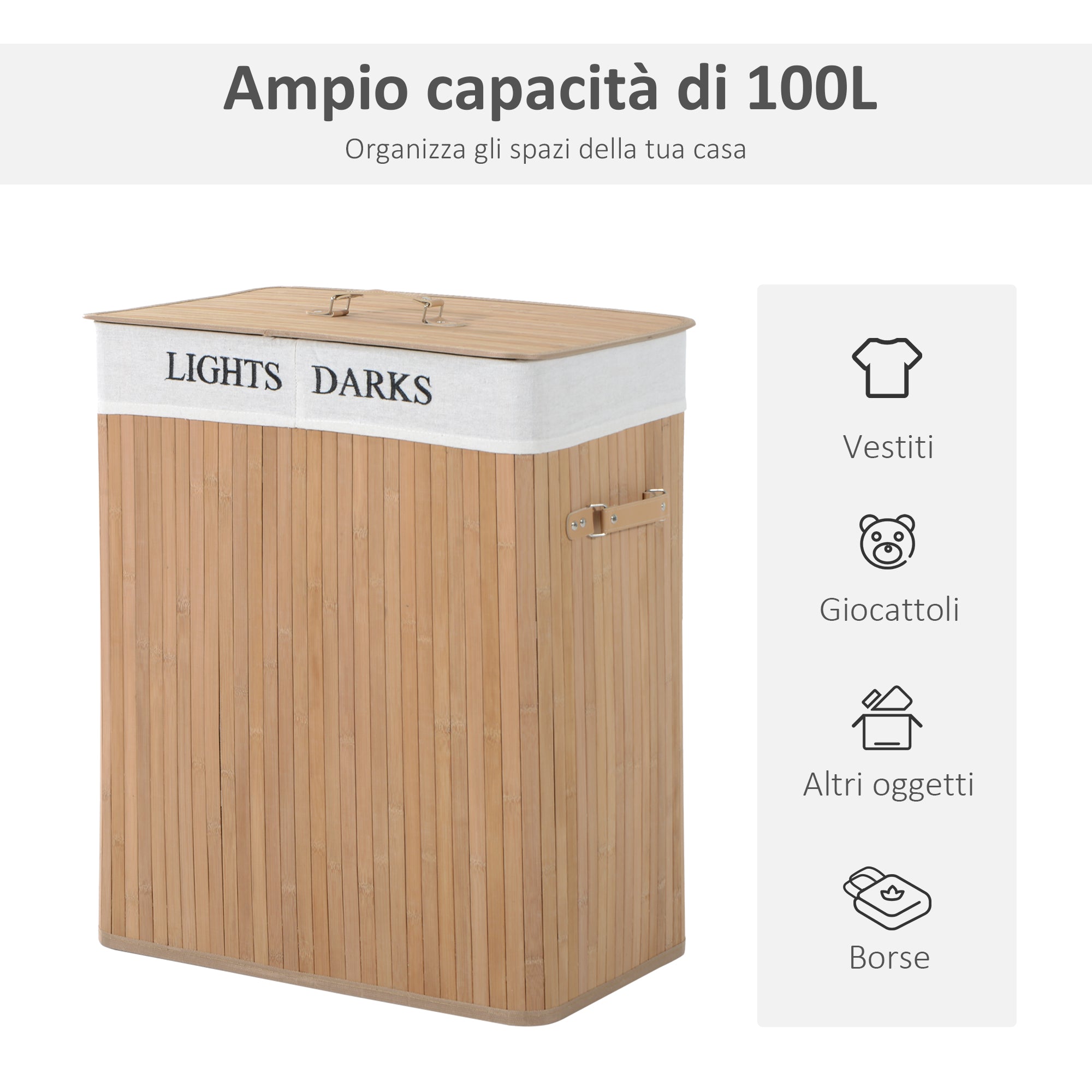 Bamboo Laundry Hamper with Lid and Removable Liner, 52 x 32 x 63cm