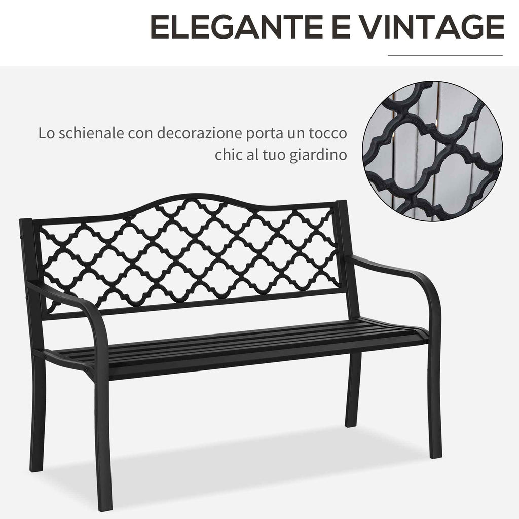 Outsunny 2-Seater Outdoor Bench in Steel and Cast Iron with Armrests and Decorated Backrest, 128x58.5x89cm, Black