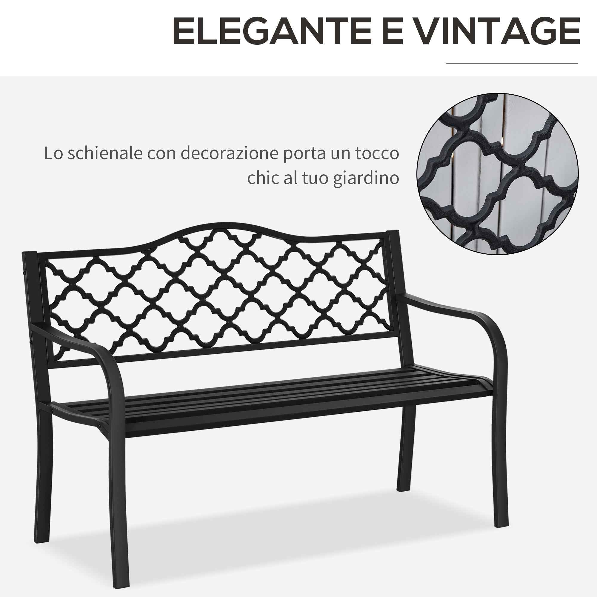 Outsunny 2-Seater Outdoor Bench in Steel and Cast Iron with Armrests and Decorated Backrest, 128x58.5x89cm, Black