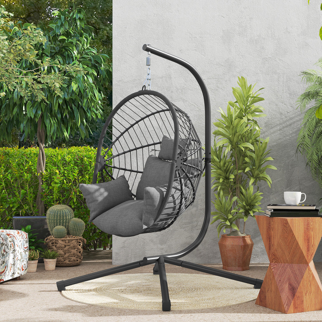 Outsunny Hanging Egg Chair with Padded Cushion and Folding Basket, 120x106x188 cm, Grey