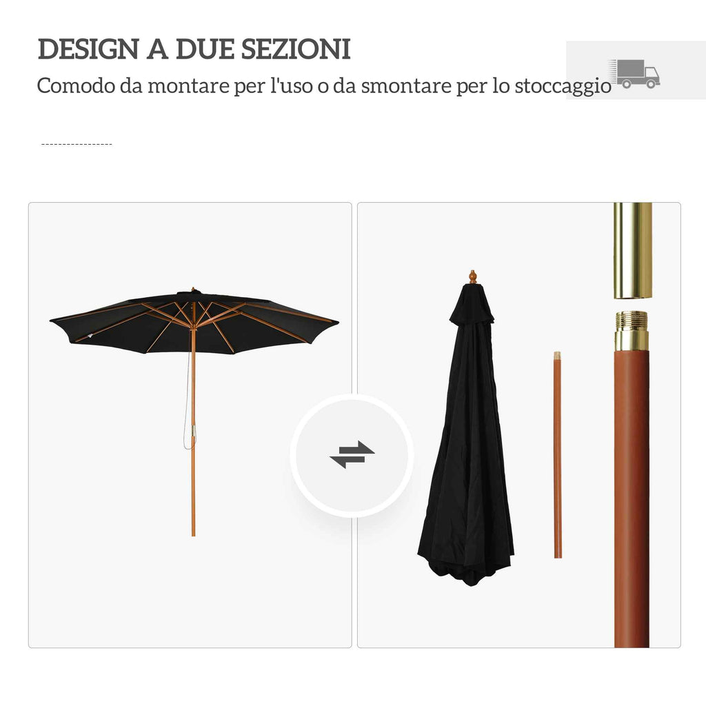Outsunny 3m Garden Umbrella with Wooden Pole, 8 Ribs and Polyester Sunshade, Black
